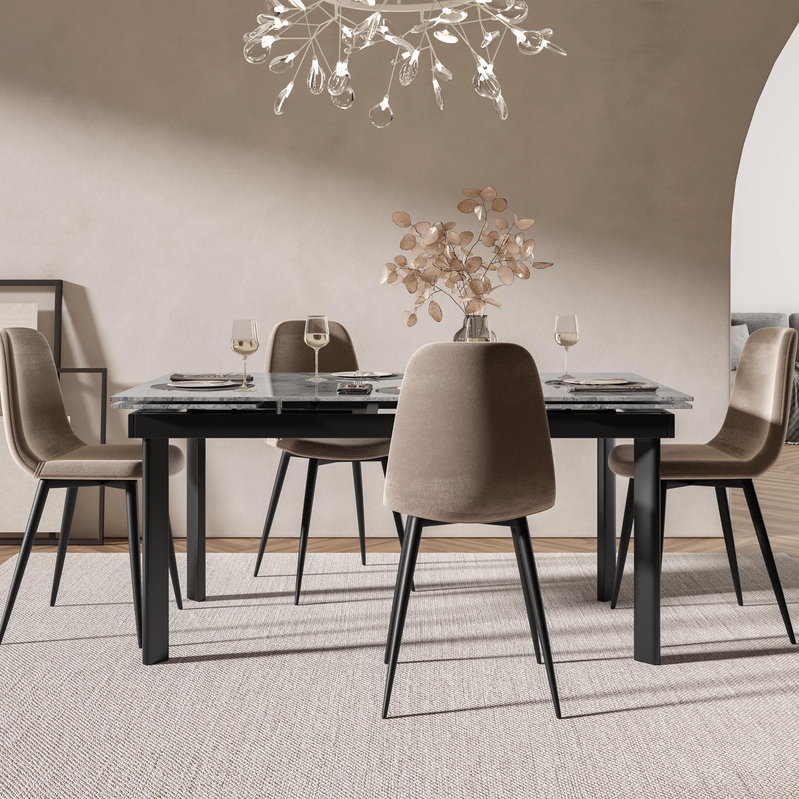 Tavolo allungabile 160-220x90 cm con piano in ceramica grigio effetto marmo e gambe in metallo nero - Convito