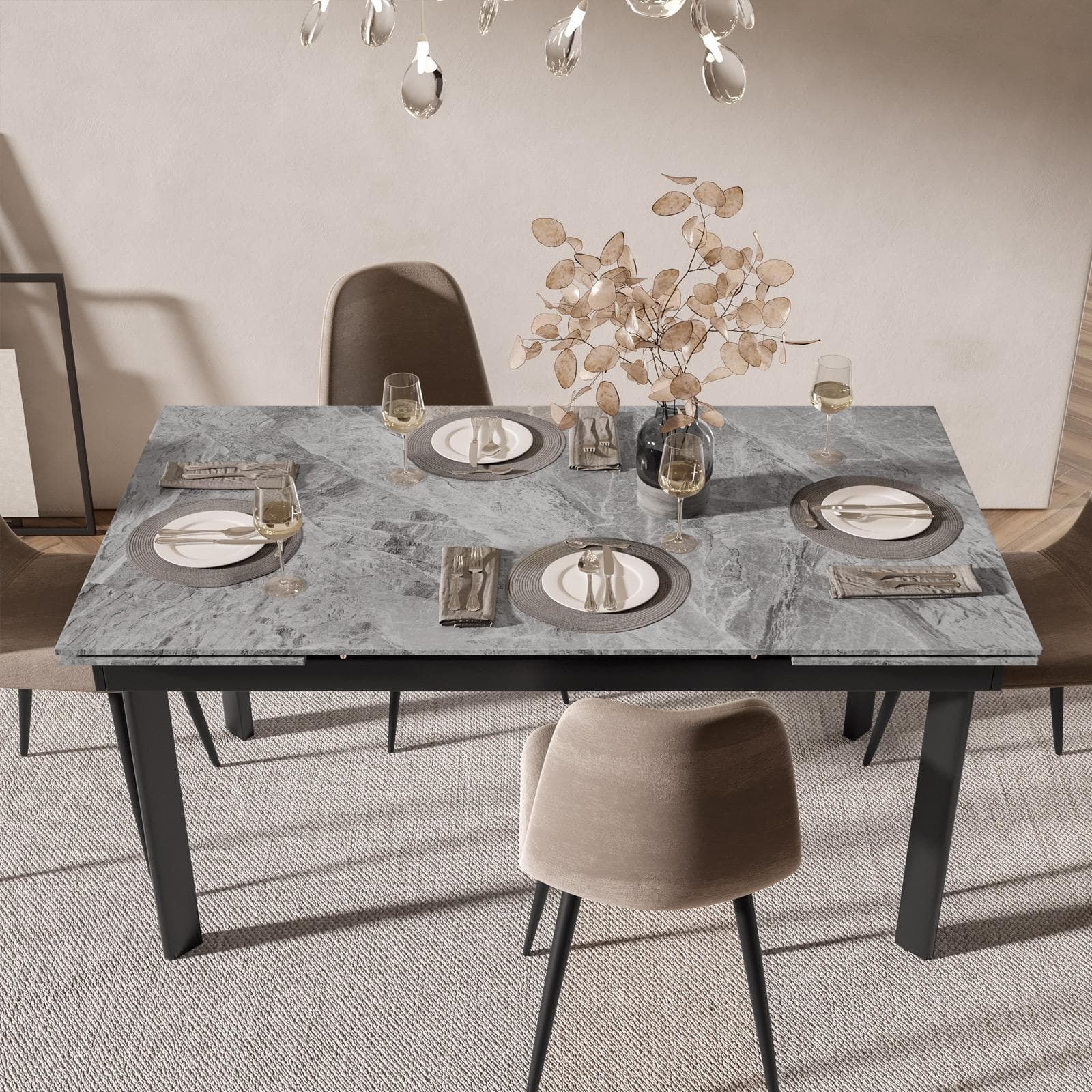 Tavolo allungabile 160-220x90 cm con piano in ceramica grigio effetto marmo e gambe in metallo nero - Convito