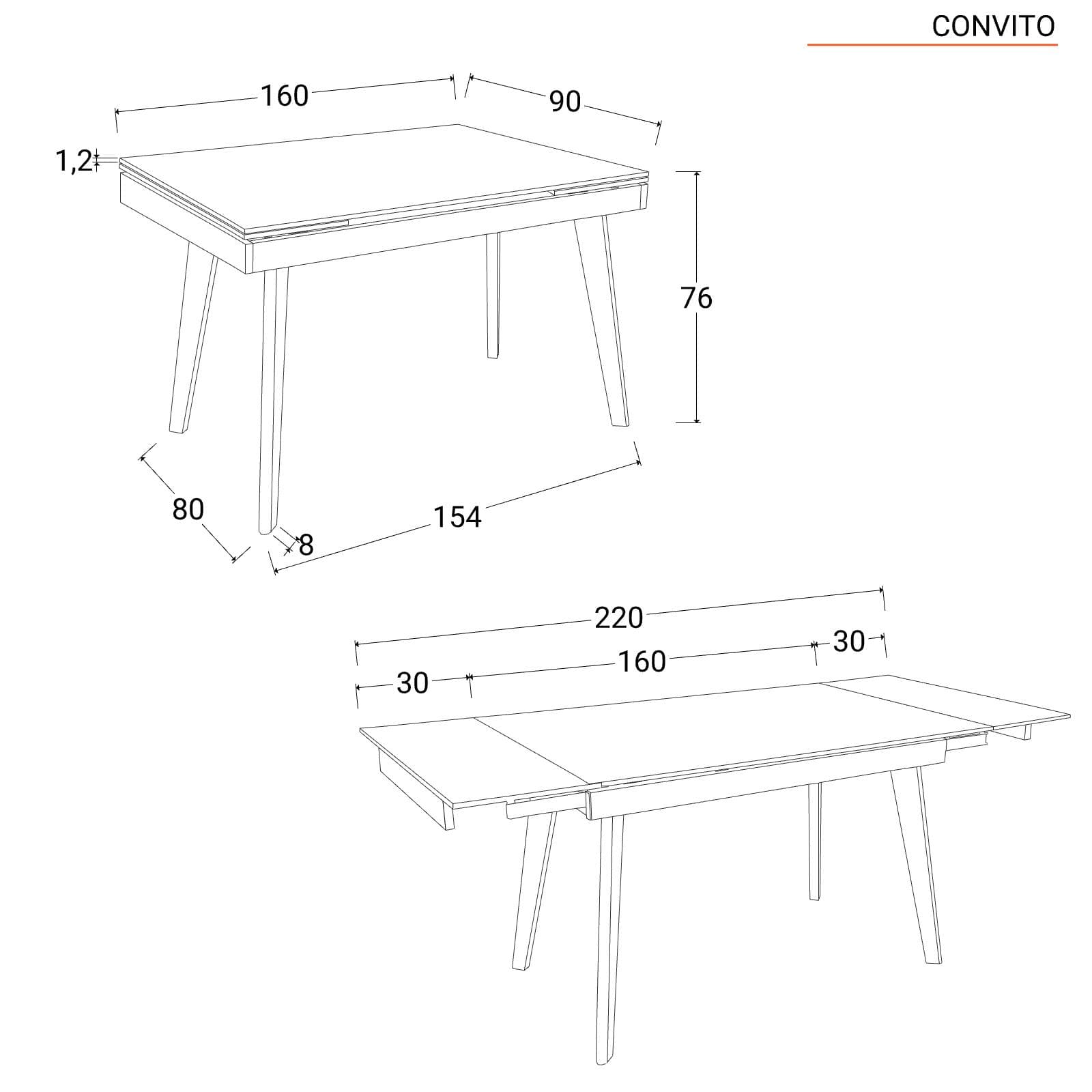 Tavolo allungabile 160-220x90 cm con piano in ceramica grigio effetto marmo e gambe in metallo nero - Convito