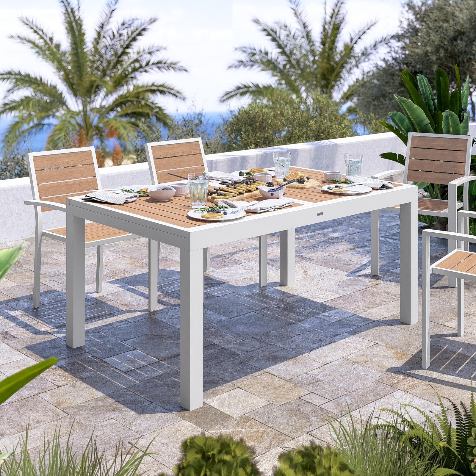 Tavolo allungabile 160/240x100 cm in alluminio bianco con top effetto legno miele - Carioca Wood