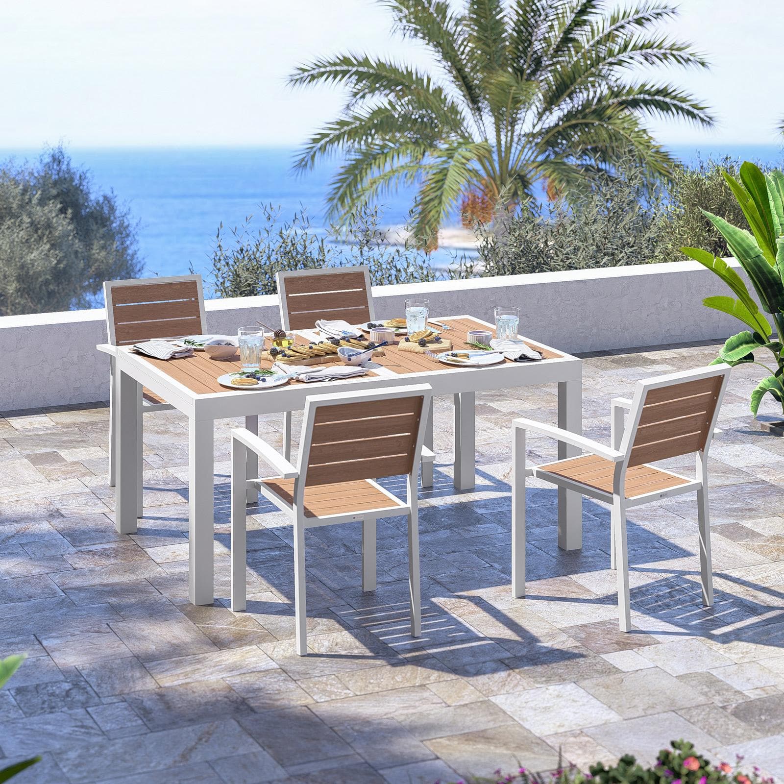 Tavolo allungabile 160/240x100 cm in alluminio bianco con top effetto legno miele - Carioca Wood