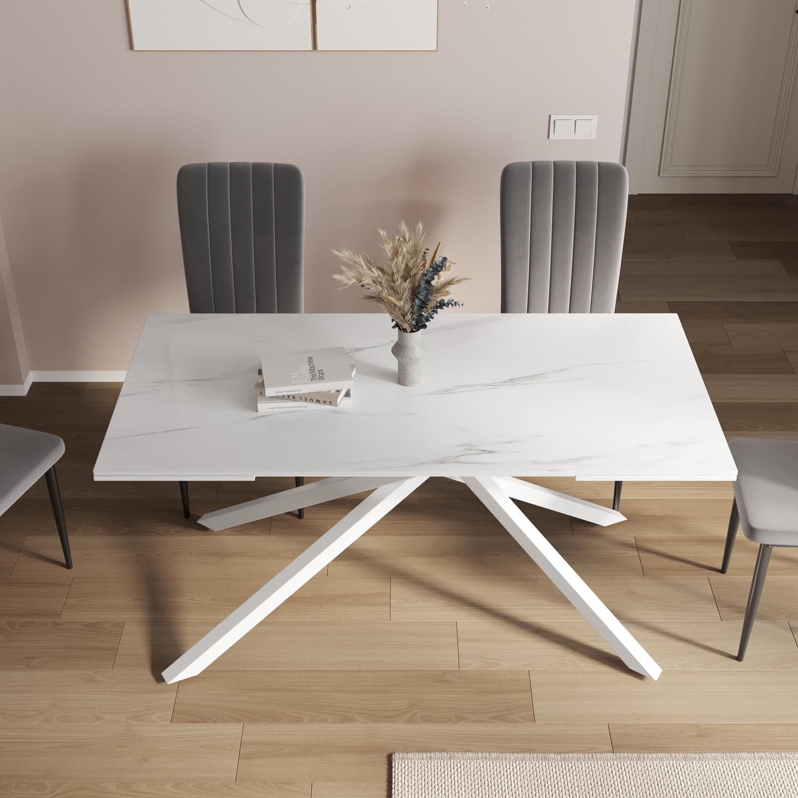 Tavolo allungabile 160-240x90 cm con top in ceramica effetto marmo bianco - Mitford