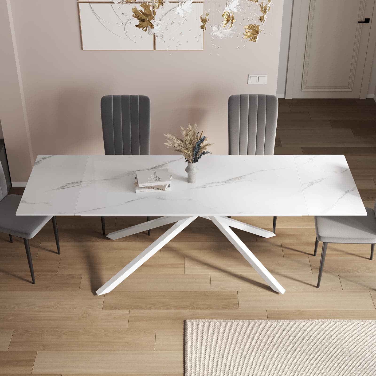 Tavolo allungabile 160-240x90 cm con top in ceramica effetto marmo bianco - Mitford