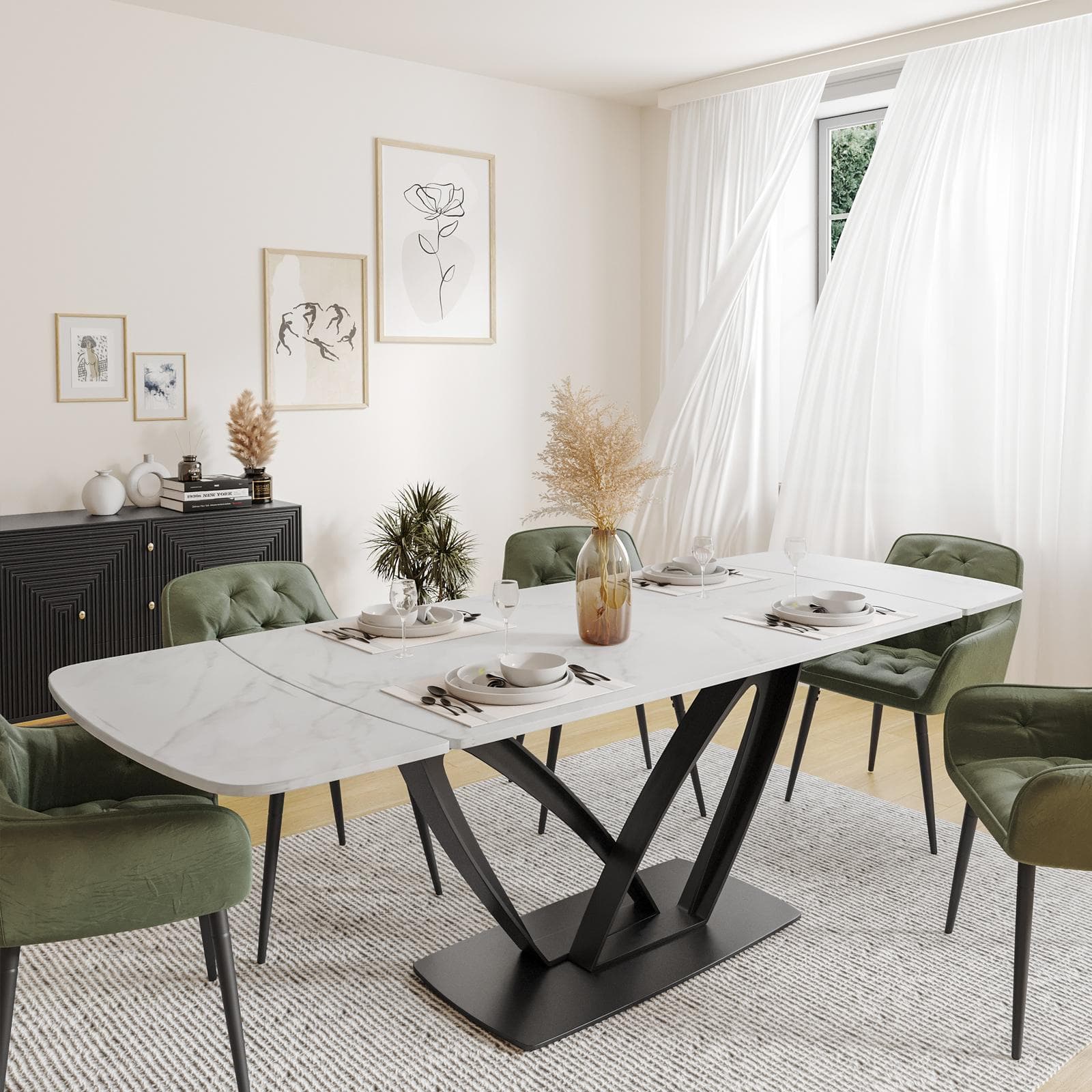Tavolo allungabile 160-240x90 cm top in ceramica effetto marmo bianco e base ad archi in metallo nero - Apex