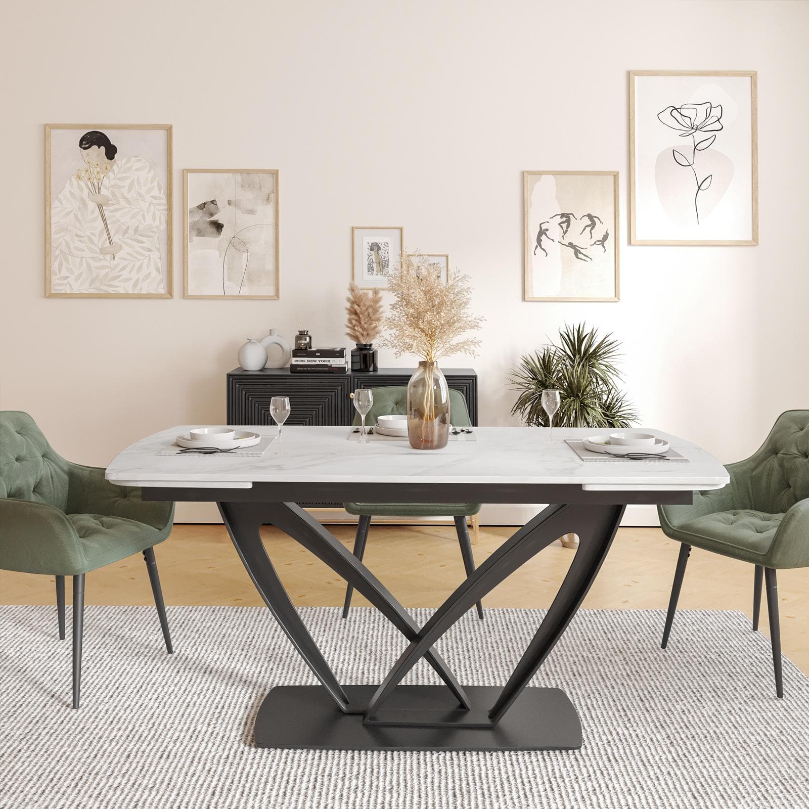 Tavolo allungabile 160-240x90 cm top in ceramica effetto marmo bianco e base ad archi in metallo nero - Apex