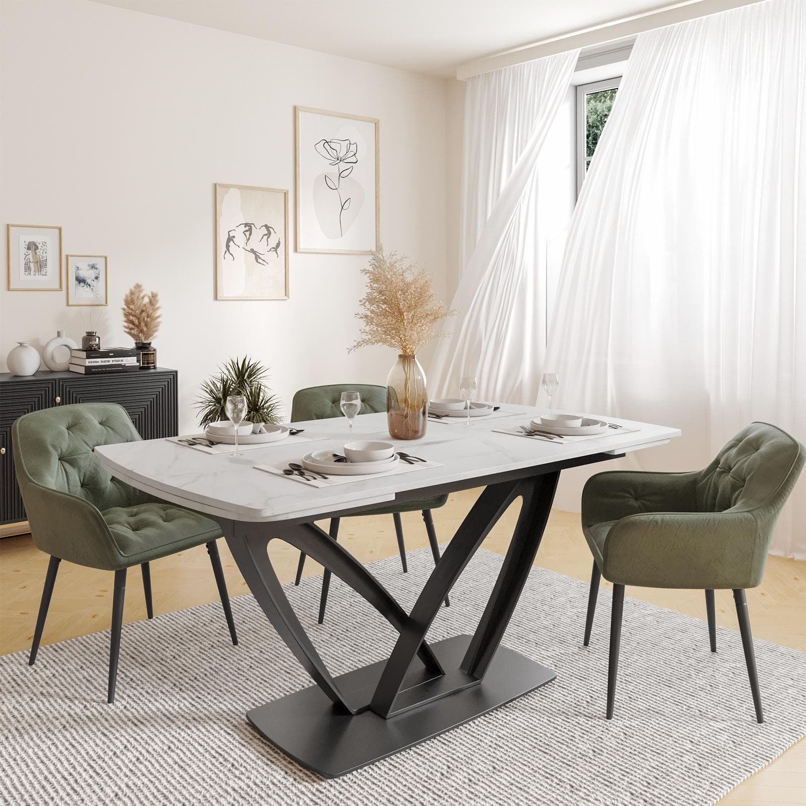 Tavolo allungabile 160-240x90 cm top in ceramica effetto marmo bianco e base ad archi in metallo nero - Apex
