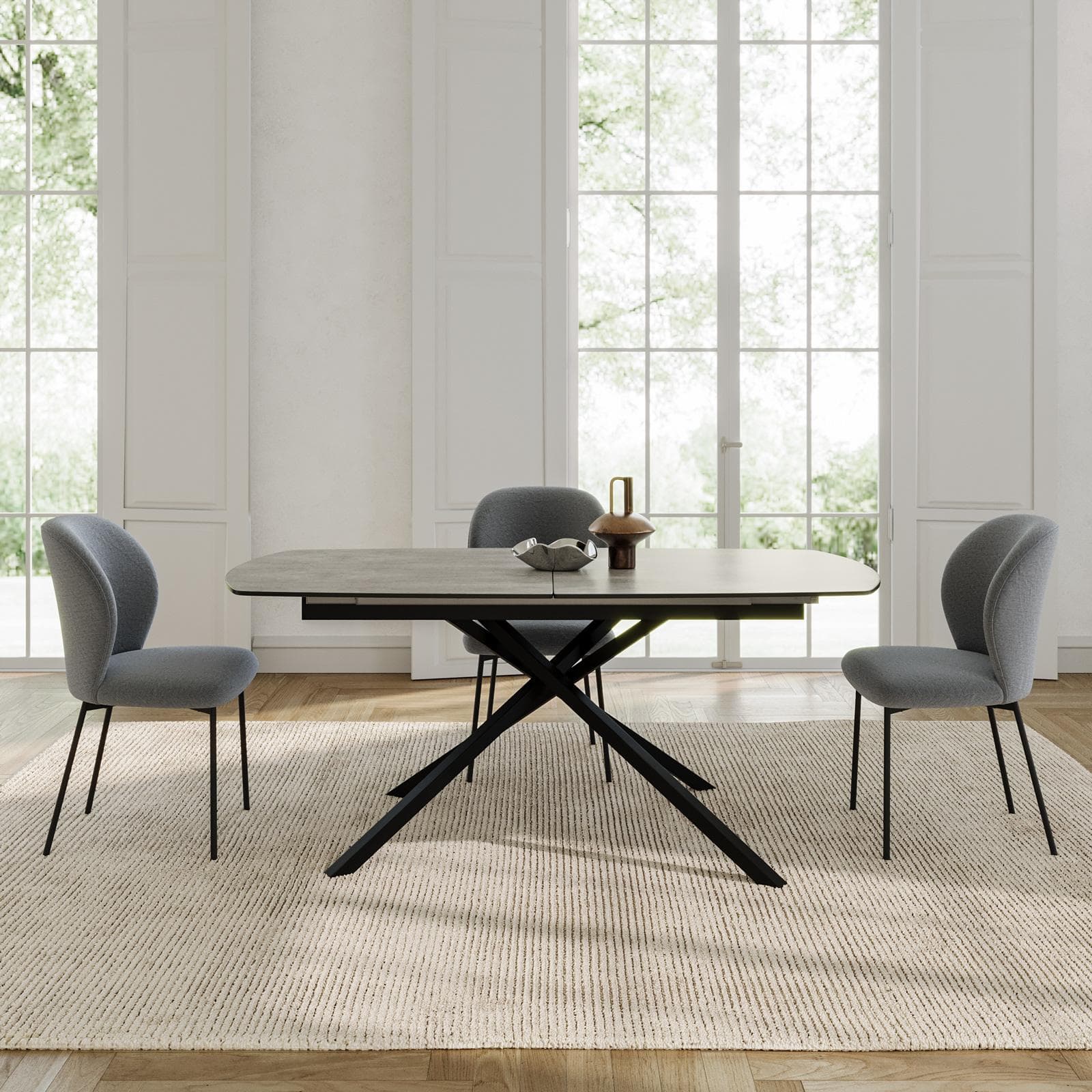 Tavolo allungabile 180-220x90 cm top vetro effetto marmo con gambe in metallo nero - Helman