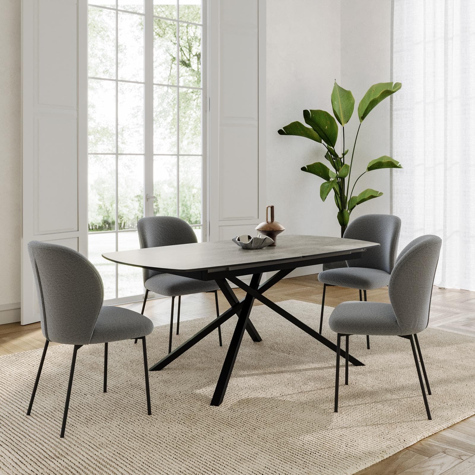 Tavolo allungabile 180-220x90 cm top vetro effetto marmo con gambe in metallo nero - Helman