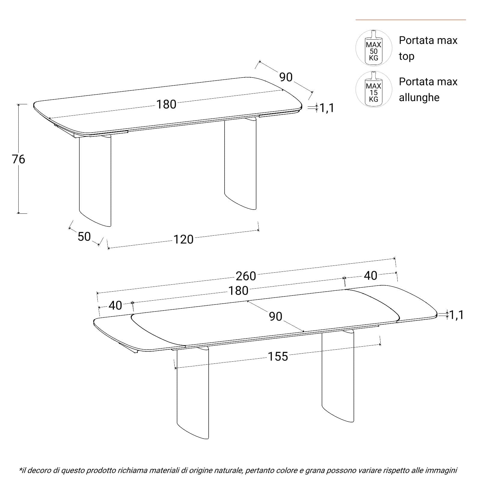 Tavolo allungabile 180-260x90 cm top effetto marmo calacatta venezia opaco con gambe noce - Garvi