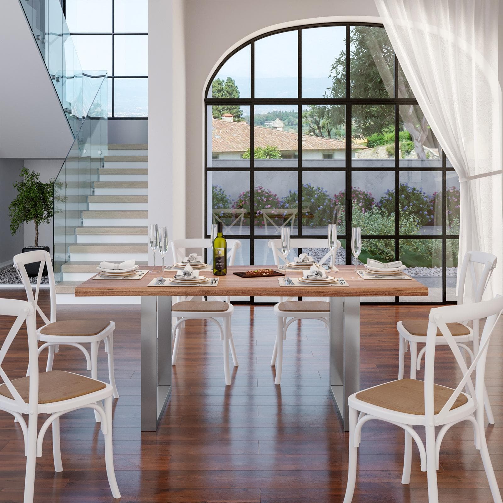 Tavolo allungabile 180-280x90 cm piano in legno di acacia 26 mm e gambe a U 8x4 in metallo cromo - Freia Stone