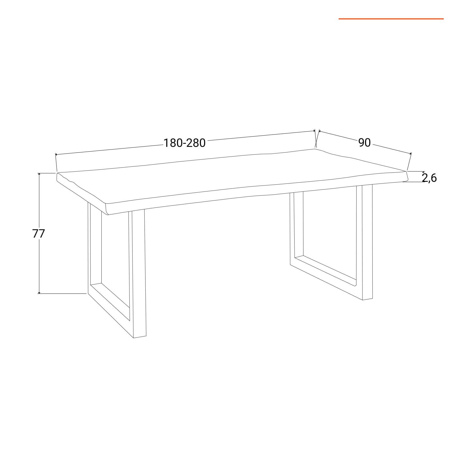 Tavolo allungabile 180-280x90 cm piano in legno di acacia 26 mm e gambe a U 8x4 in metallo cromo - Freia Stone