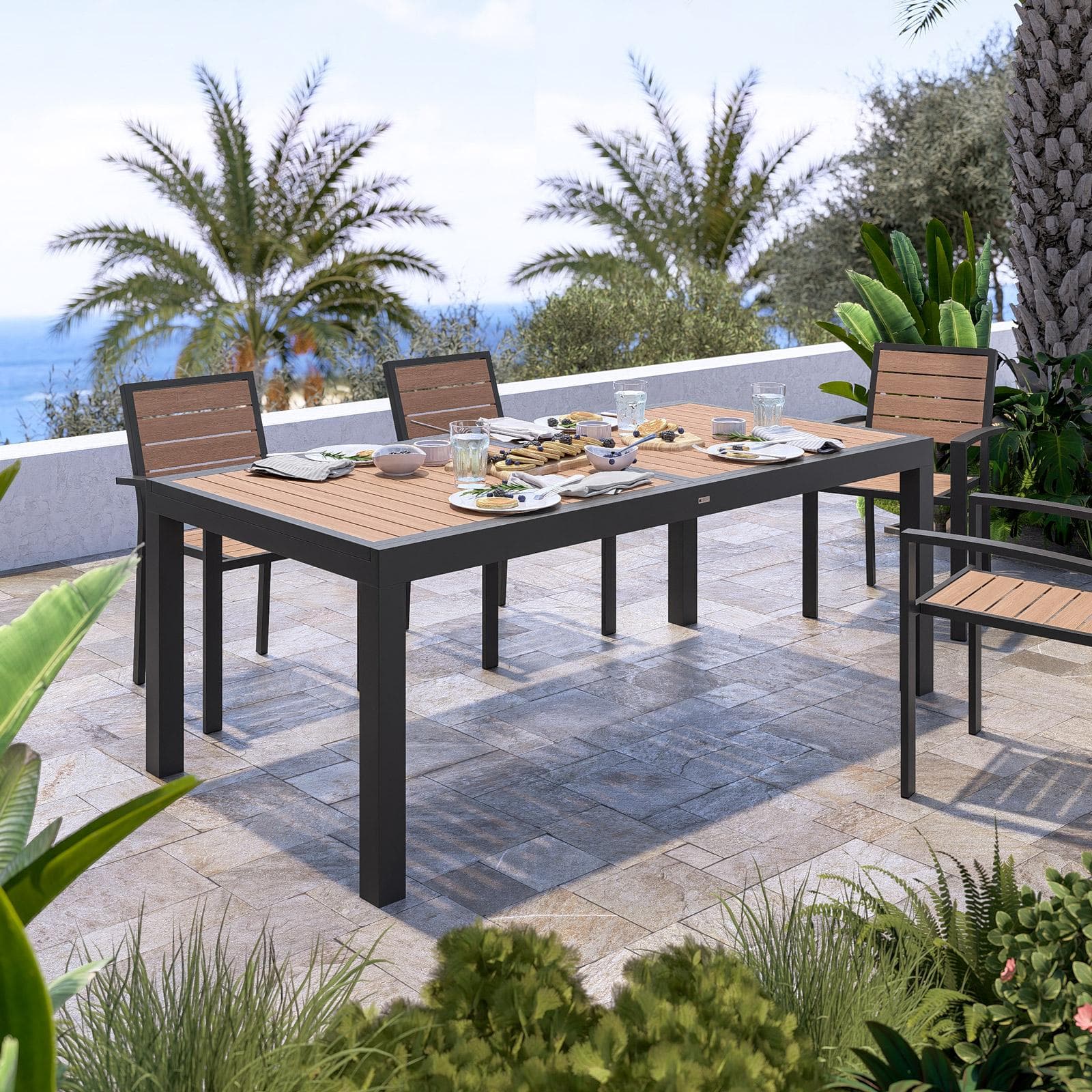 Tavolo allungabile 200/300x100 cm in alluminio antracite con top effetto legno miele - Carioca Wood
