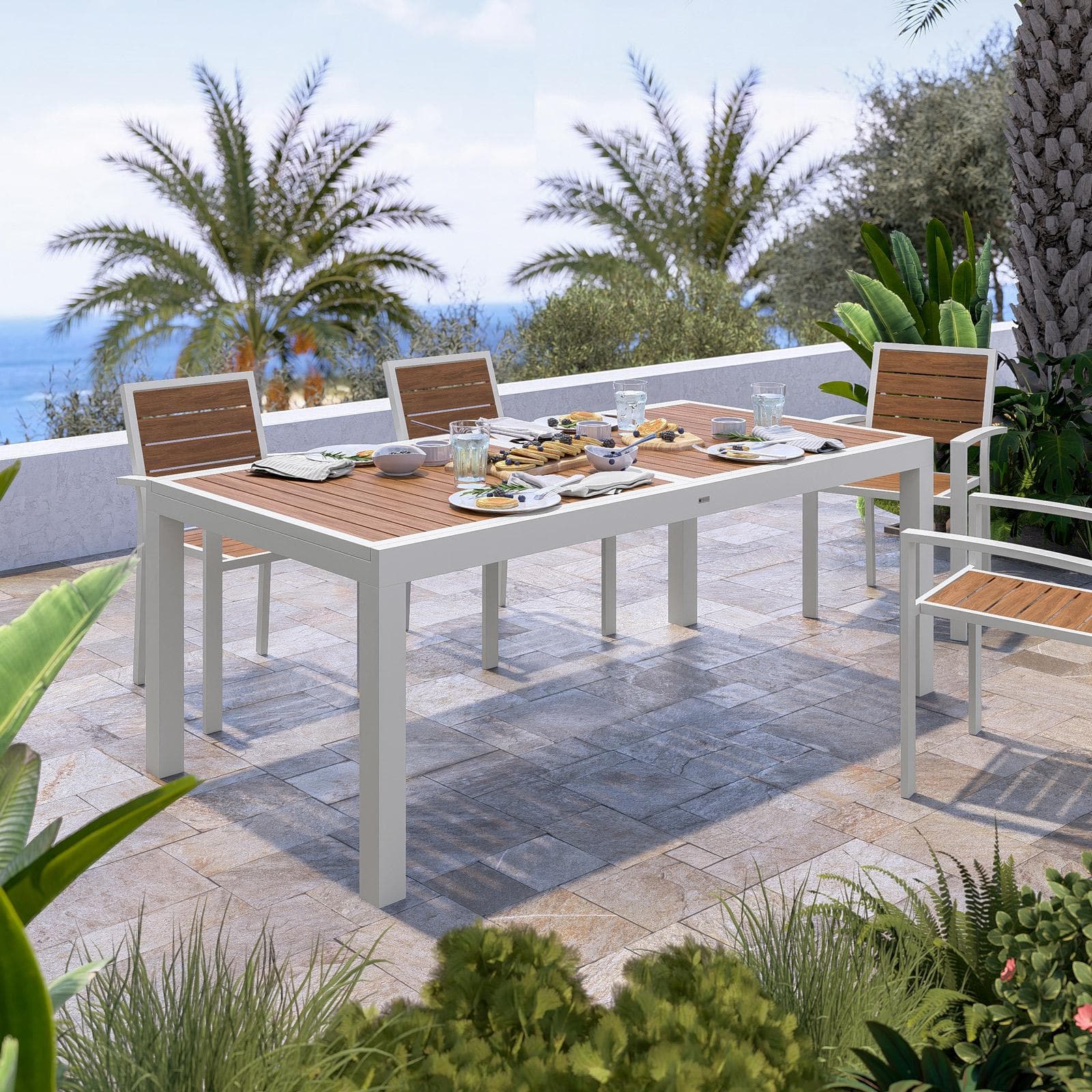Tavolo allungabile 200/300x100 cm in alluminio bianco con top effetto legno caramello - Carioca Wood