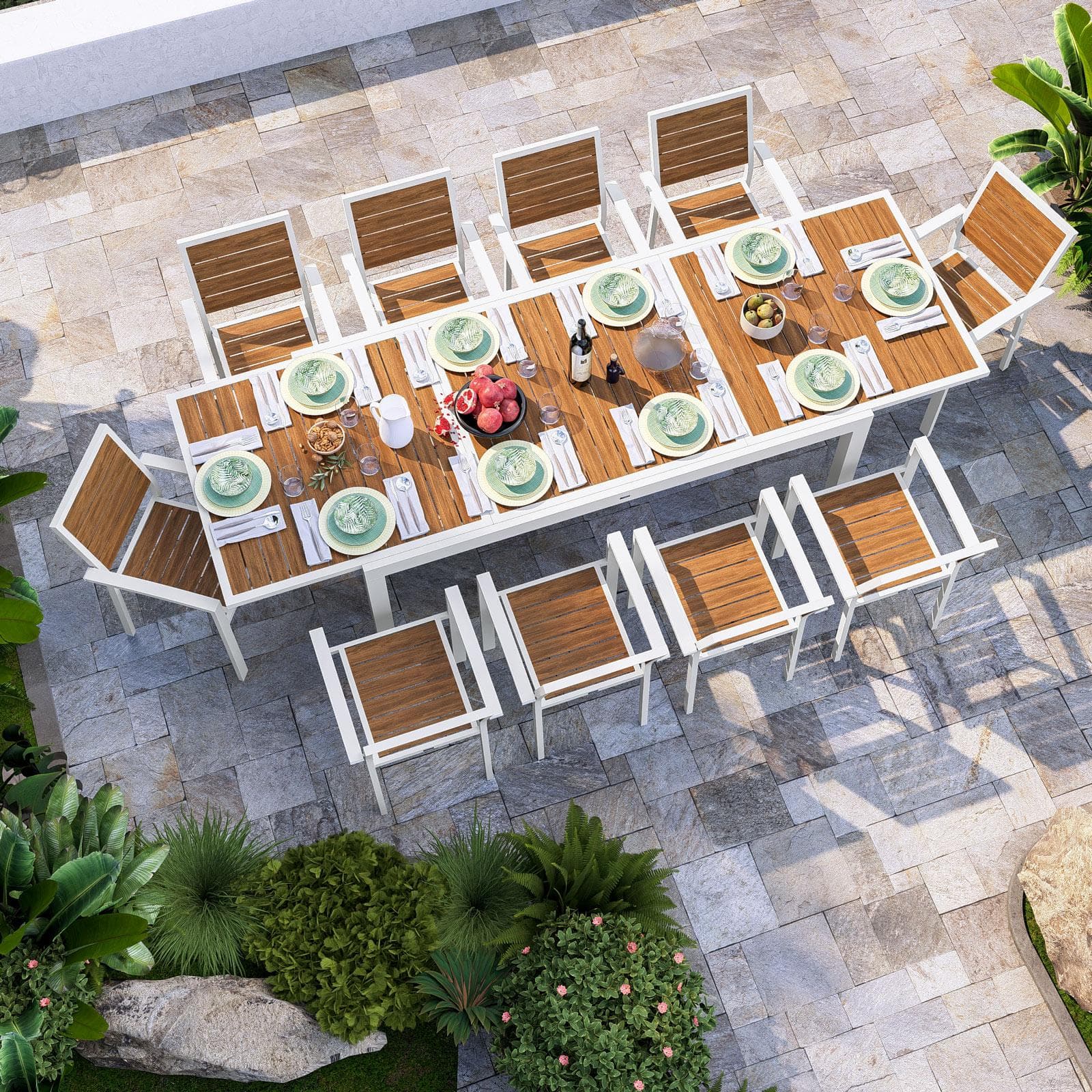 Tavolo allungabile 200/300x100 cm in alluminio bianco con top effetto legno caramello - Carioca Wood