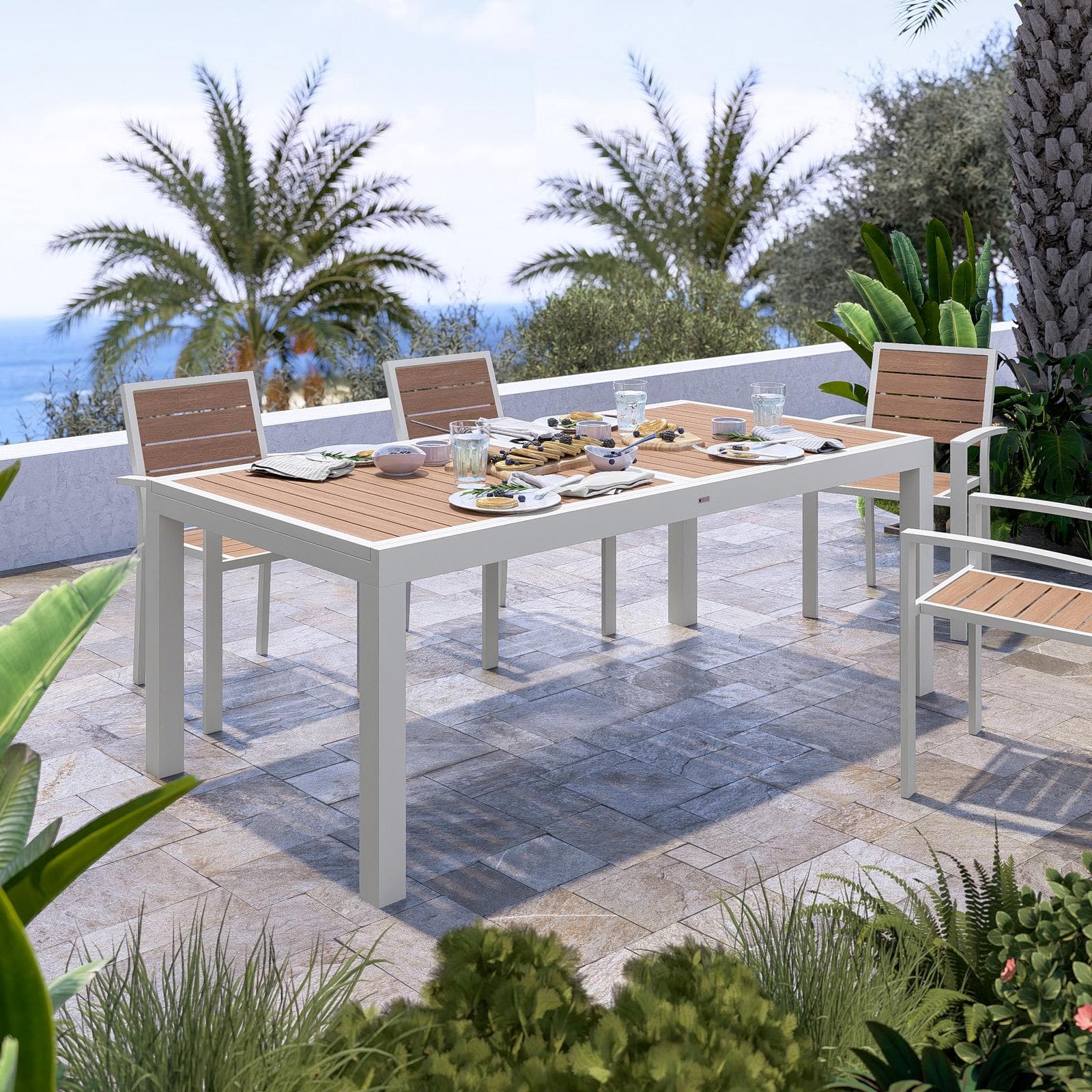 Tavolo allungabile 200/300x100 cm in alluminio bianco con top effetto legno miele - Carioca Wood