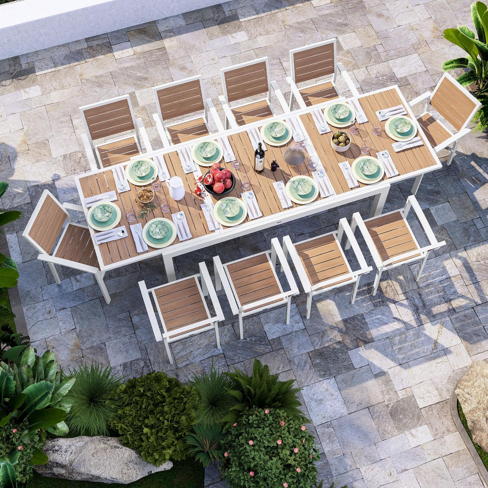 Tavolo allungabile 200/300x100 cm in alluminio bianco con top effetto legno miele - Carioca Wood