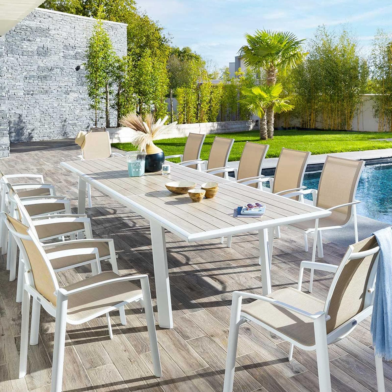 Tavolo allungabile 220/314x100 cm in alluminio bianco con top effetto legno - Coby