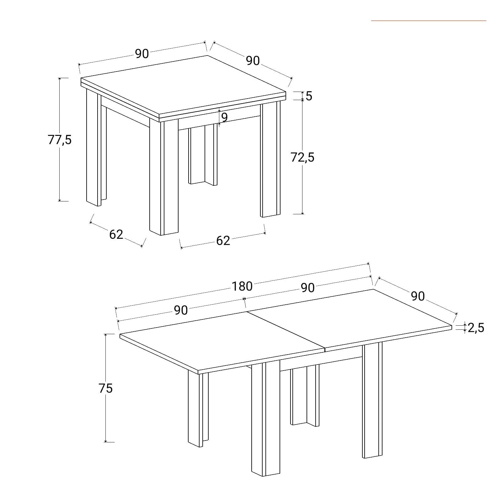 Tavolo allungabile 90-180x90 cm bianco opaco - Riku