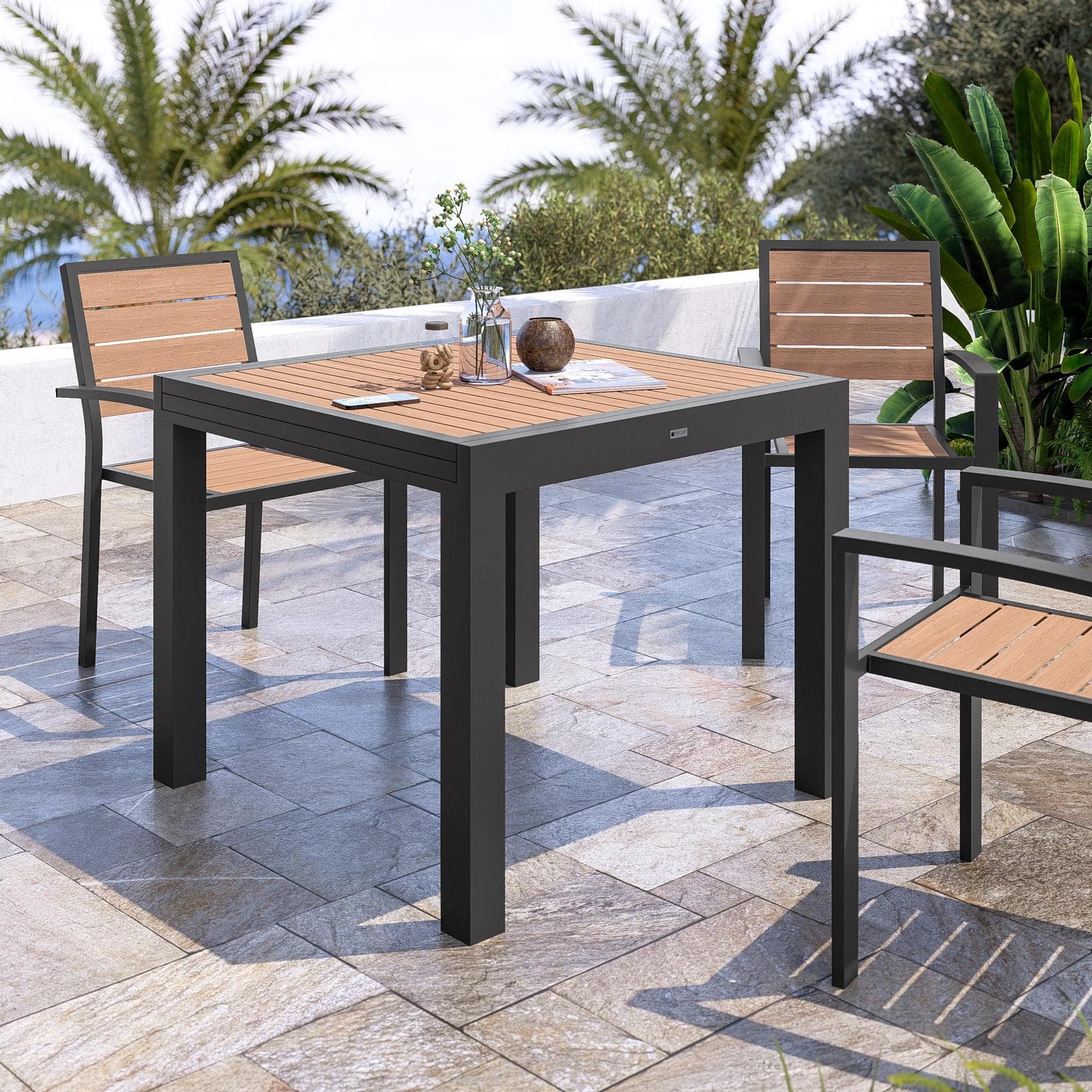 Tavolo allungabile 90/180x90 cm in alluminio antracite con top effetto legno miele - Carioca Wood