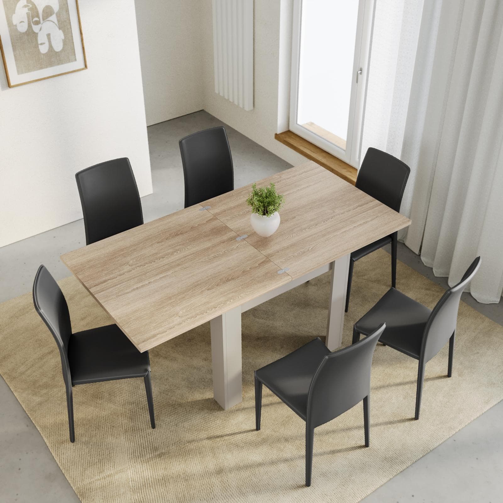Tavolo allungabile 90-180x90 cm tortora con top rovere - Riku