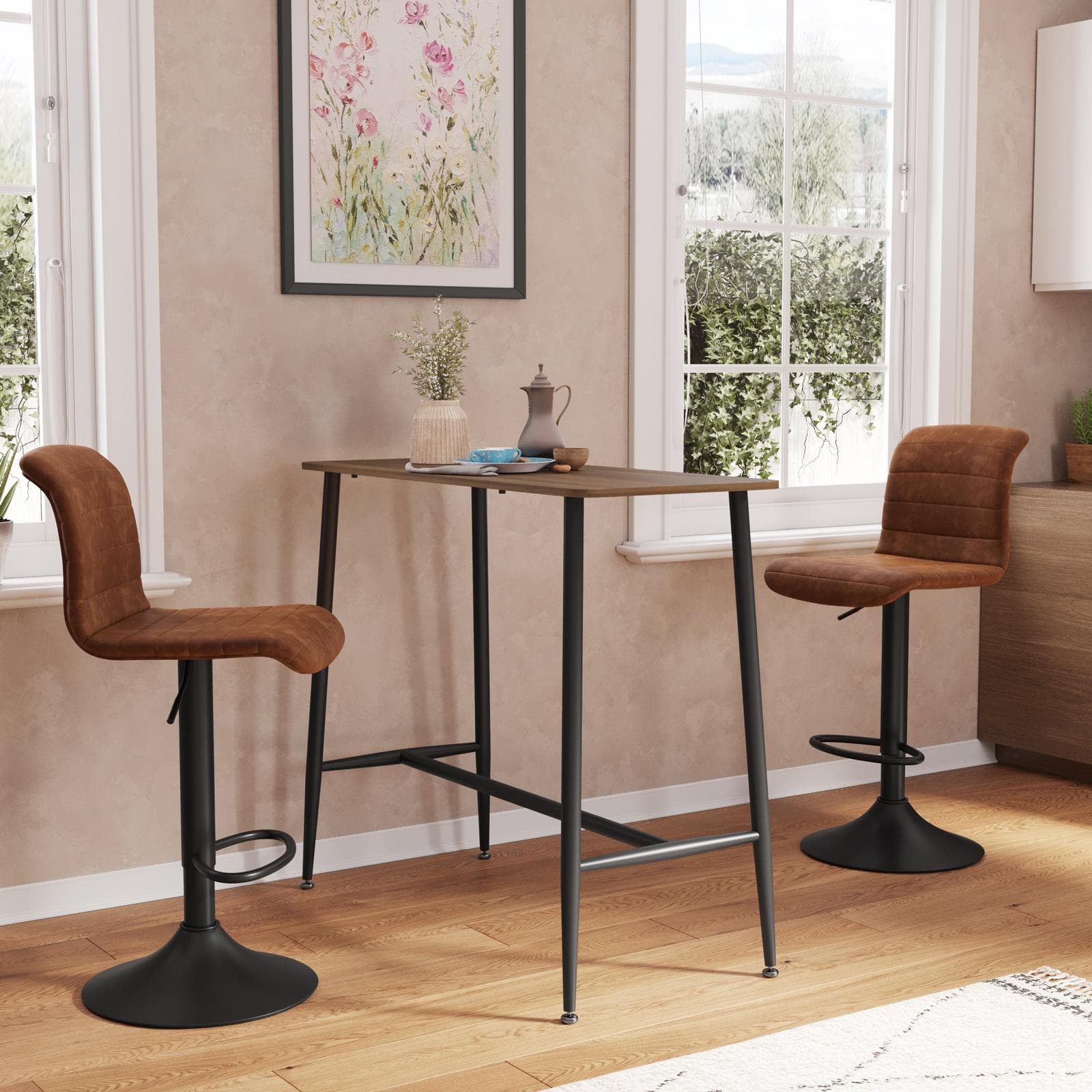 Tavolo alto 120x50 cm con top effetto rovere e struttura in metallo nero - Harvon
