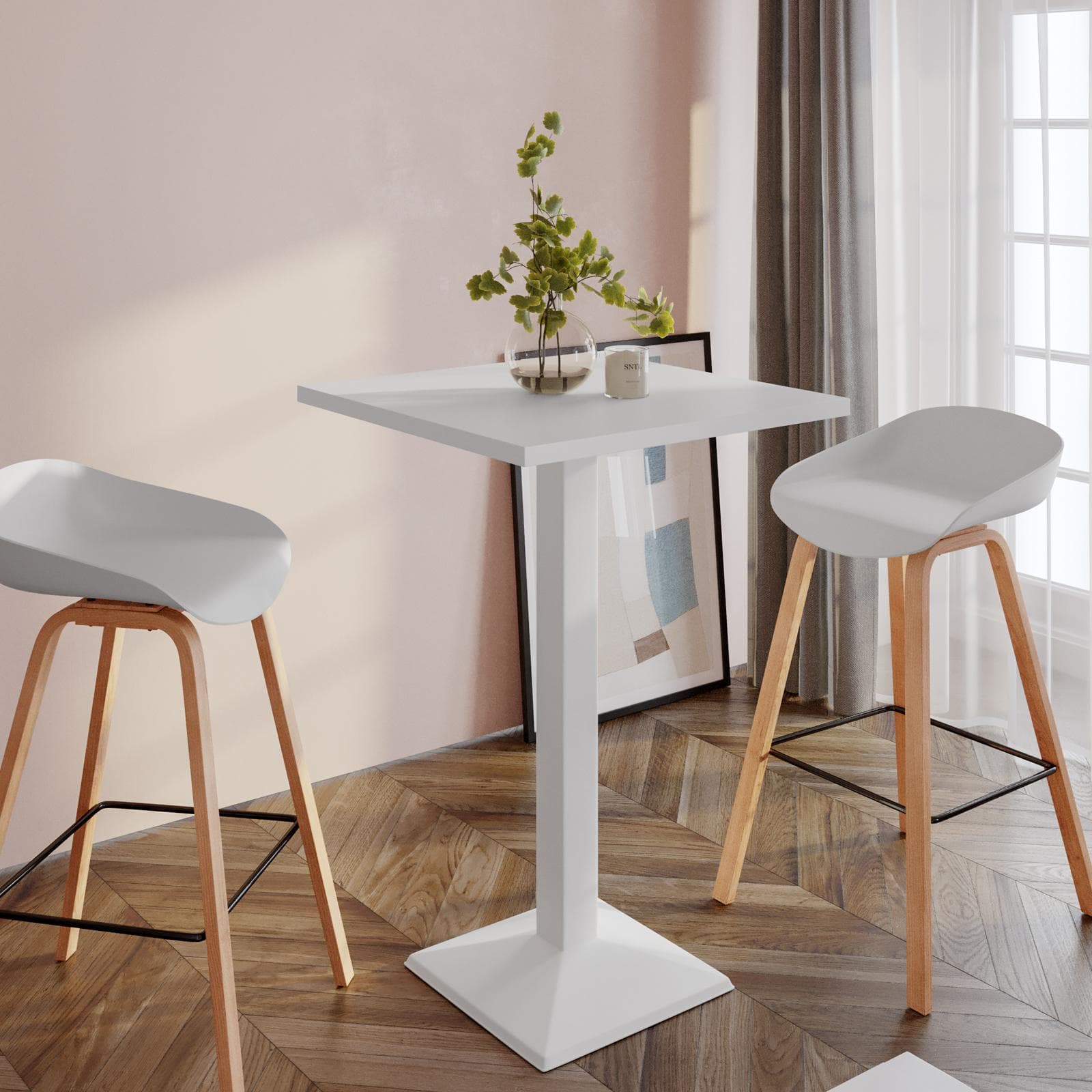 Tavolo alto 60x60 cm top bianco con struttura in metallo bianco - Caio