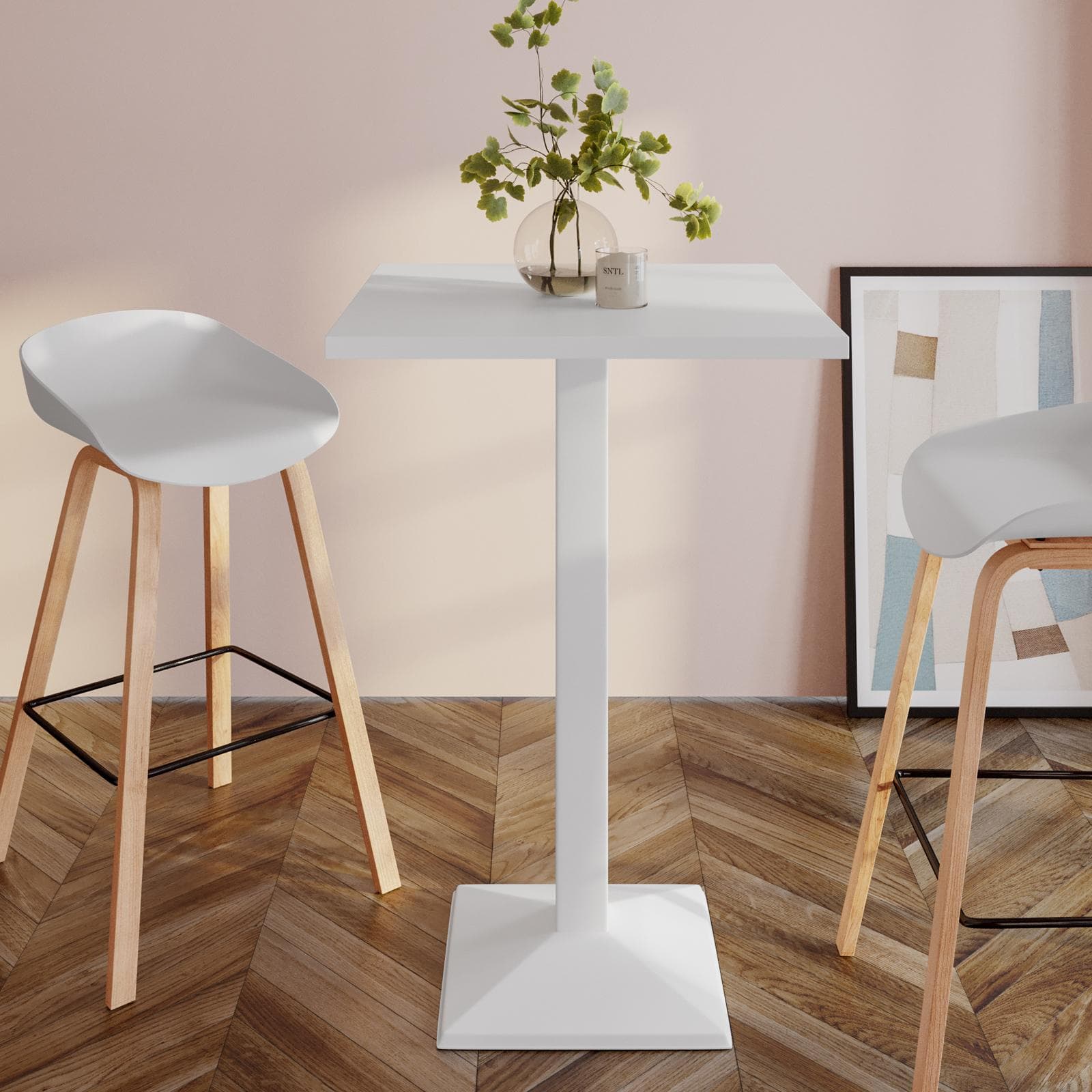 Tavolo alto 60x60 cm top bianco con struttura in metallo bianco - Caio