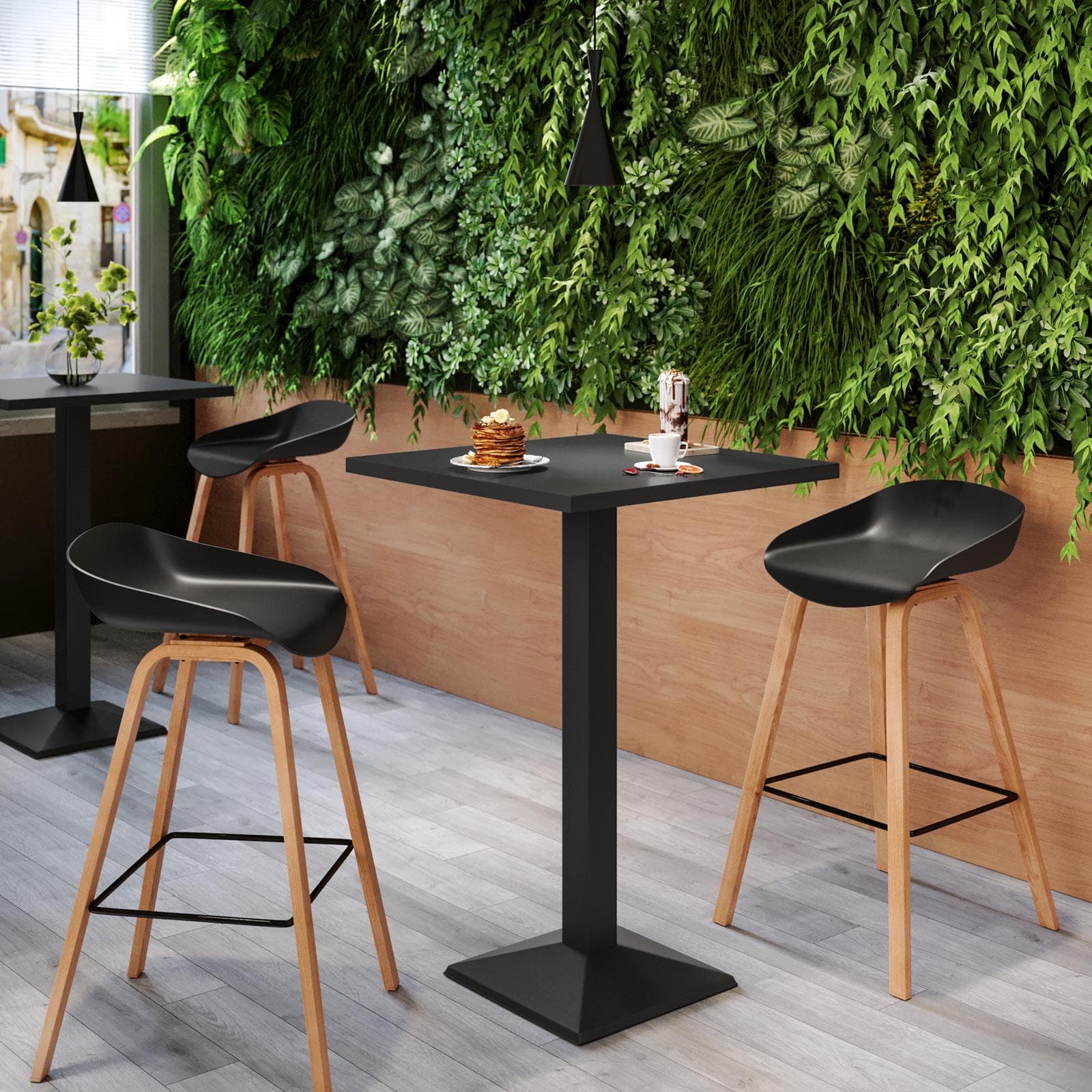 Tavolo alto 60x60 cm top nero con struttura in metallo nero - Caio