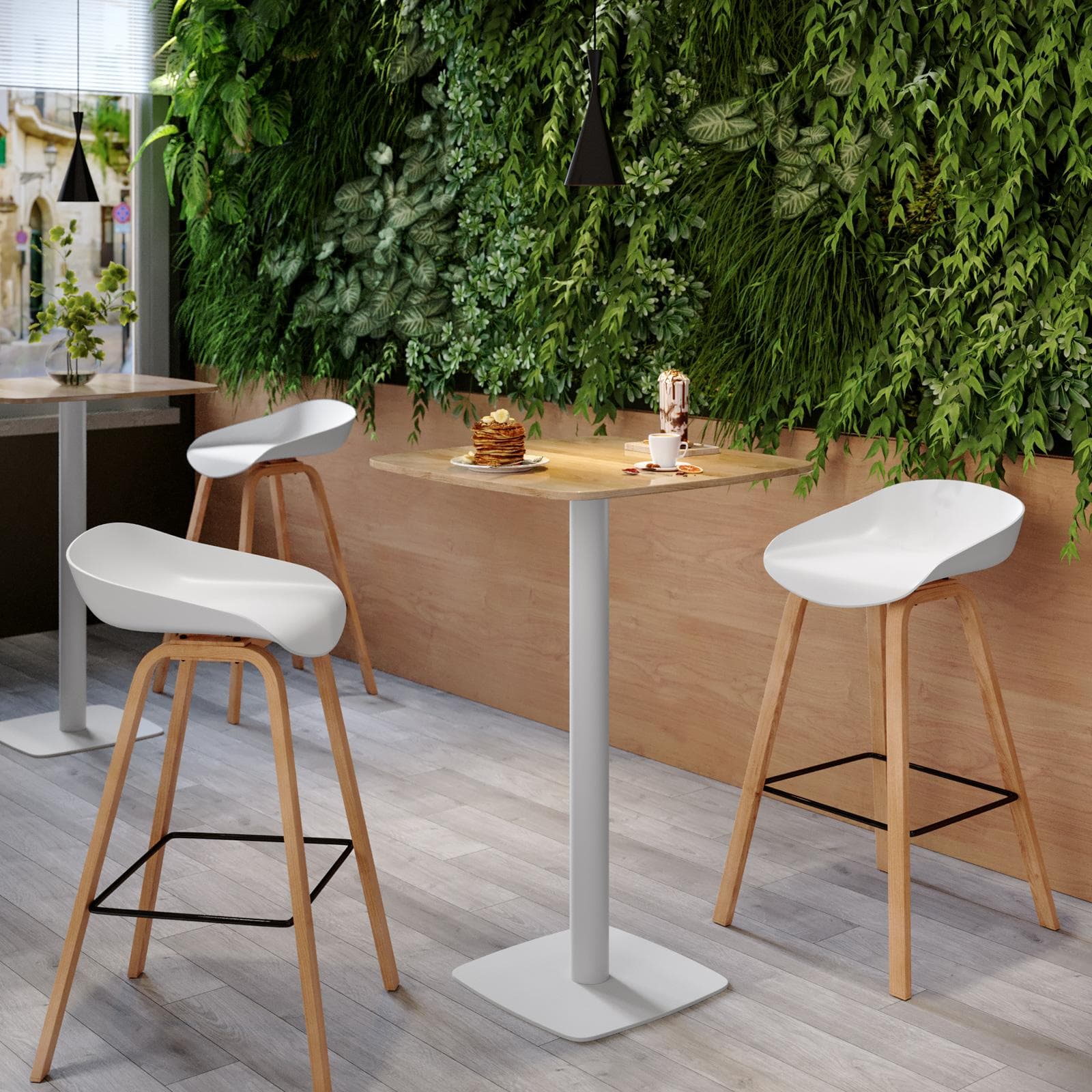 Tavolo alto 60x60 cm top effetto rovere con bordi arrotondati e base in metallo bianco - Caio Round