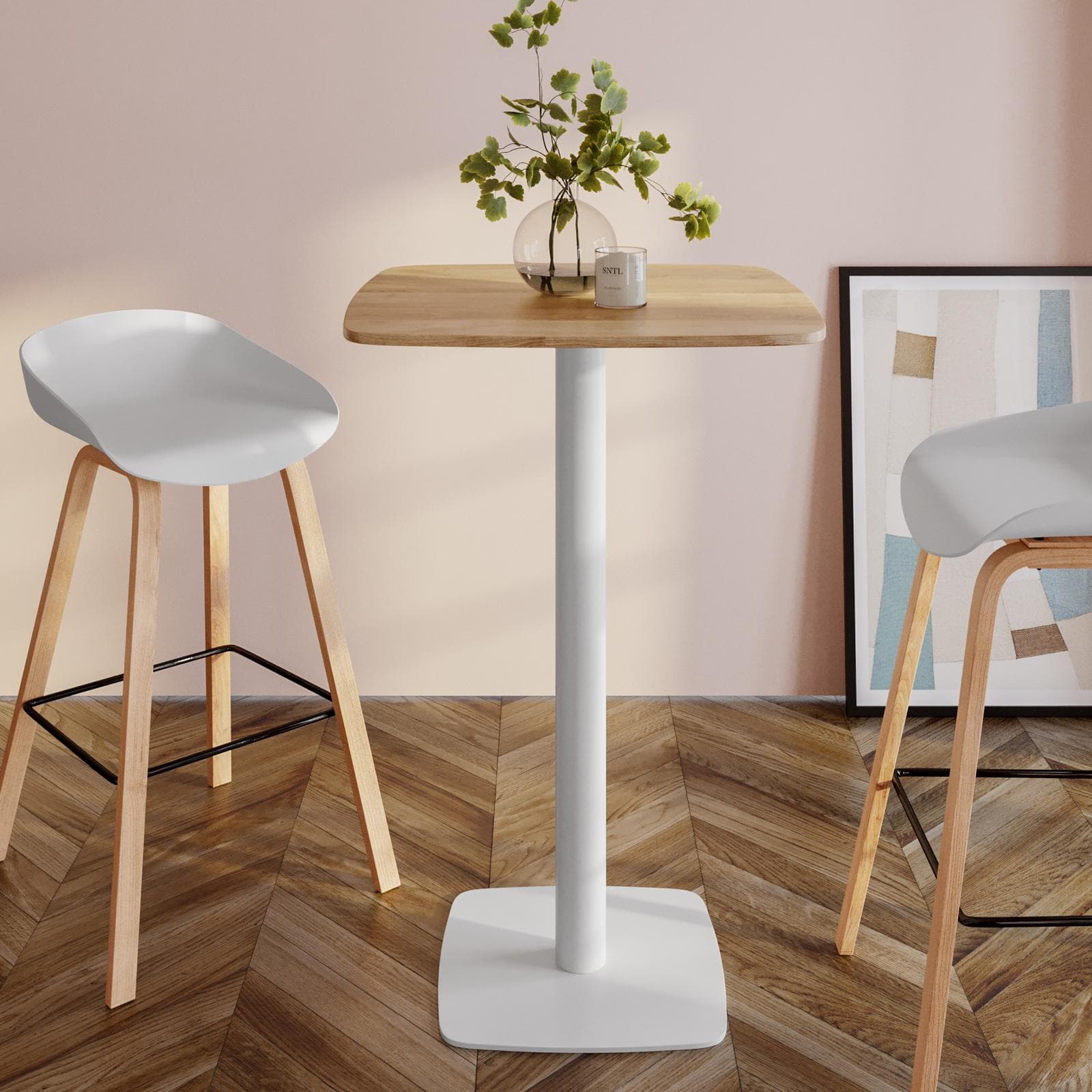 Tavolo alto 60x60 cm top effetto rovere con bordi arrotondati e base in metallo bianco - Caio Round
