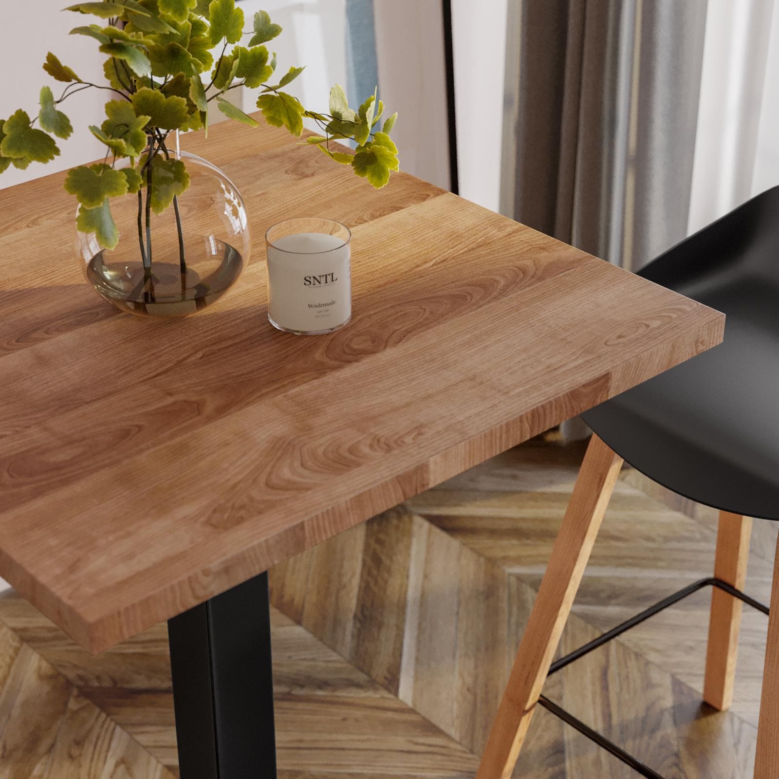 Tavolo alto 70x70 cm con piano rovere scuro e struttura in metallo nero - Caio
