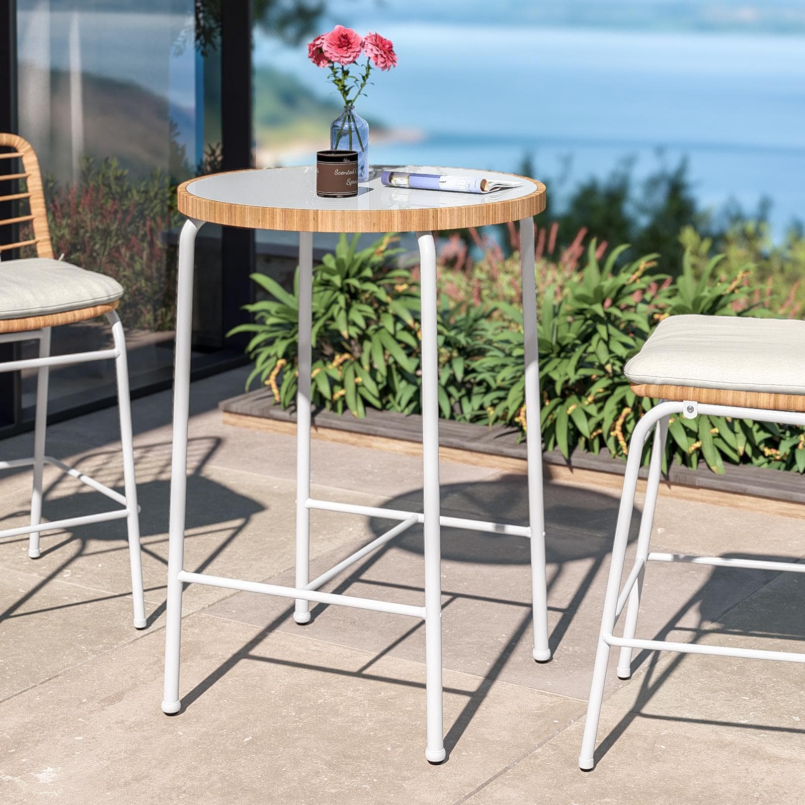 Tavolo alto da esterno rotondo 70 cm in acciaio bianco polyrattan naturale e top in vetro - Griel