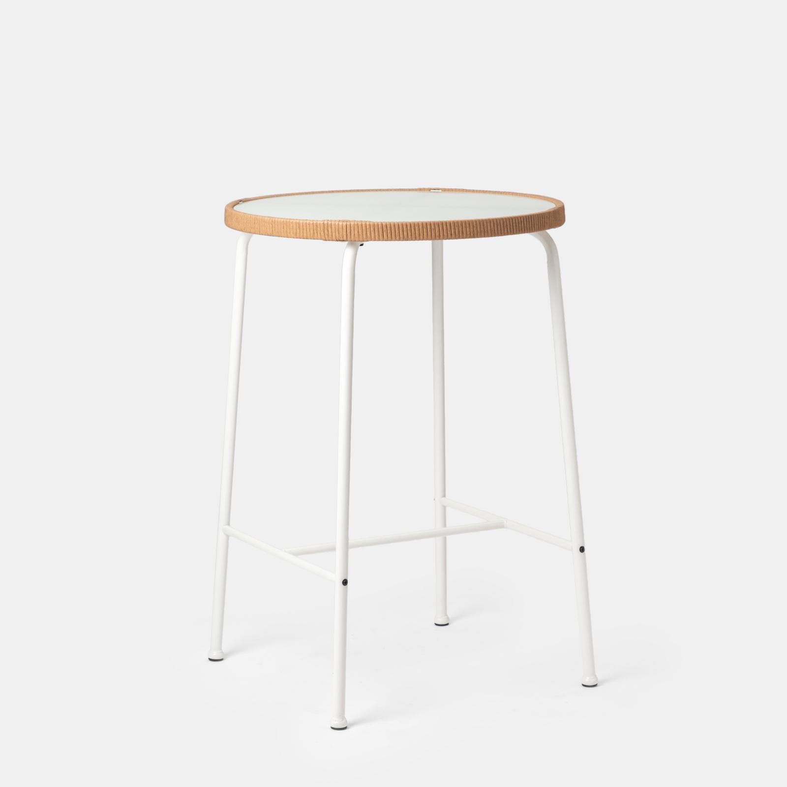Tavolo alto da esterno rotondo 70 cm in acciaio bianco polyrattan naturale e top in vetro - Griel