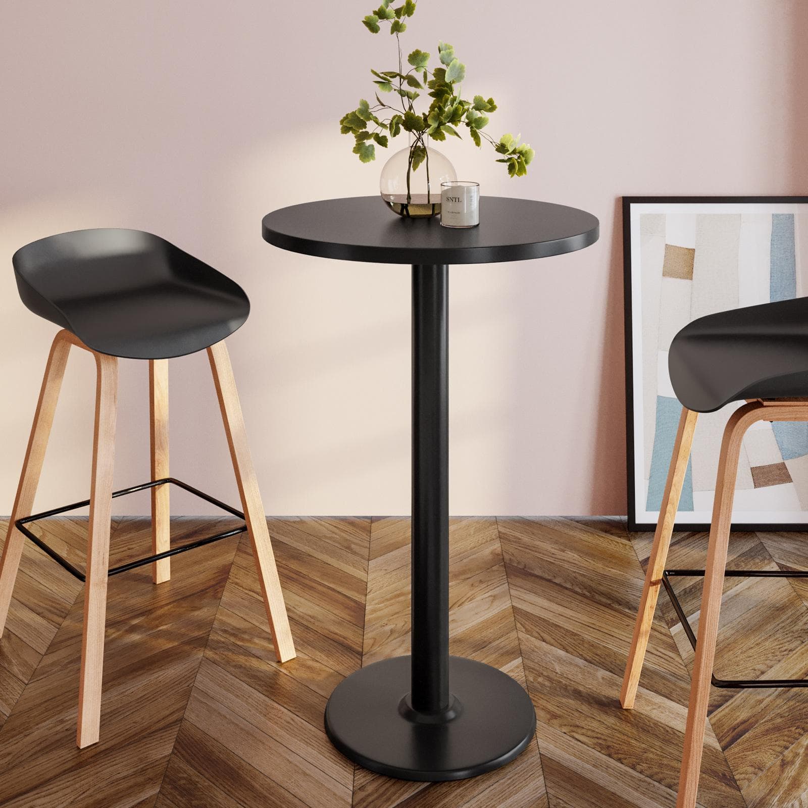 Tavolo alto rotondo 60 cm top nero con struttura in metallo nero - Caio