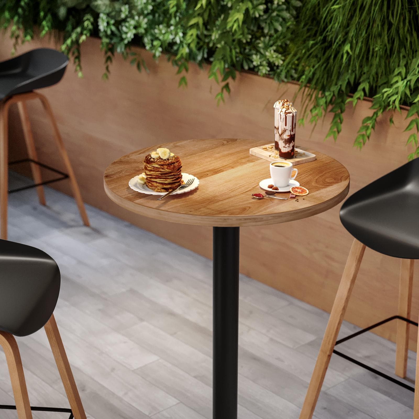 Tavolo alto rotondo 60 cm con piano rovere scuro e struttura in metallo nero - Caio