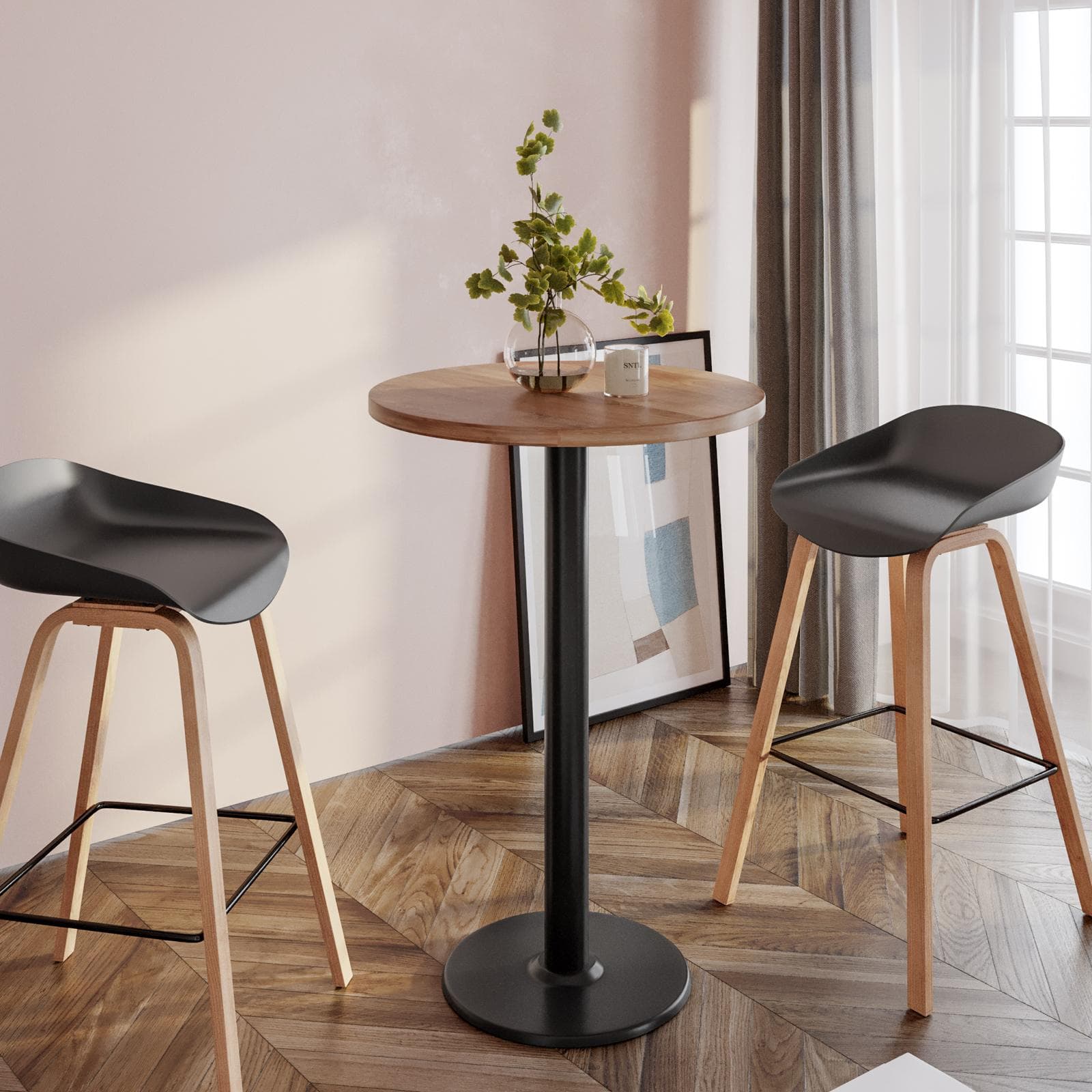 Tavolo alto rotondo 60 cm con piano rovere scuro e struttura in metallo nero - Caio
