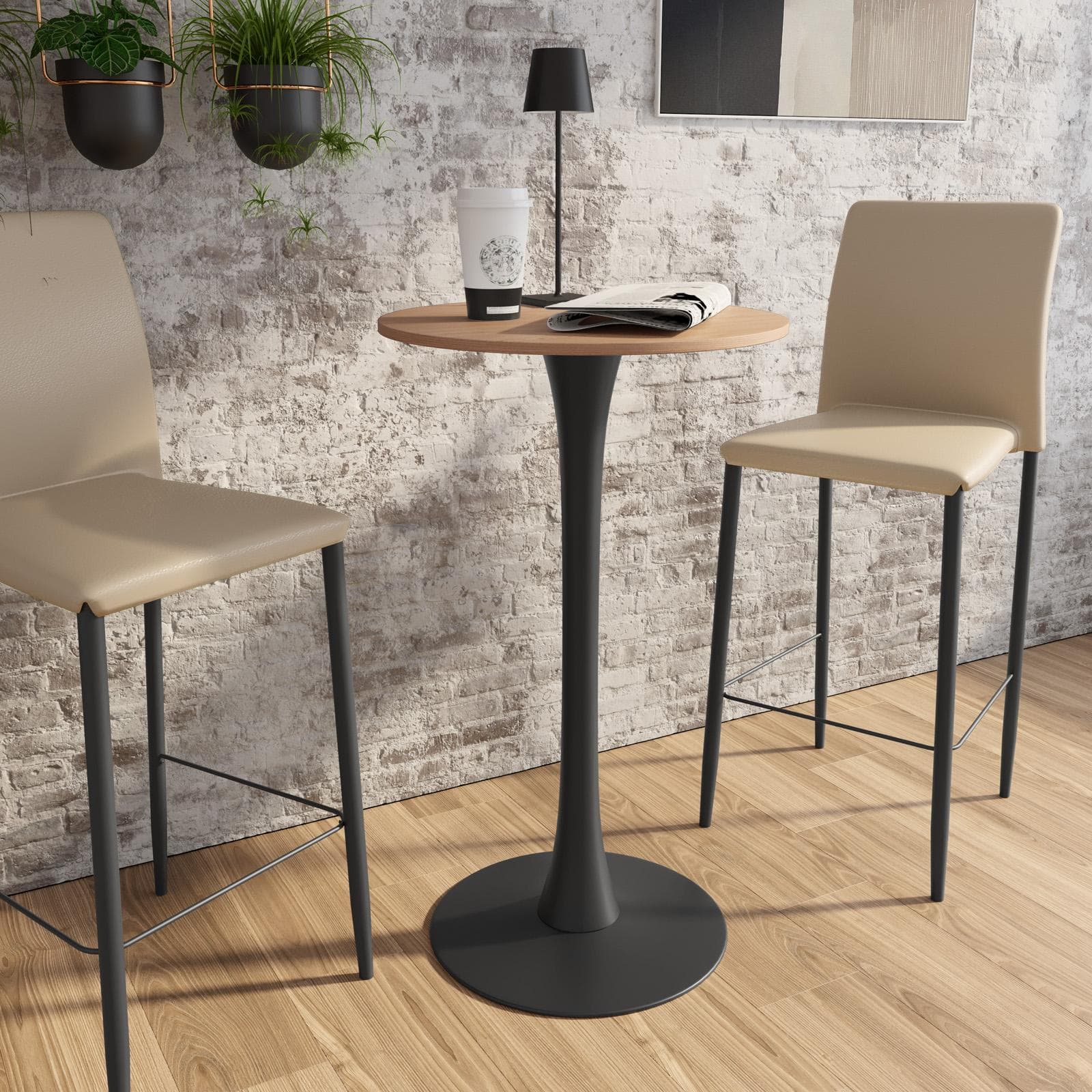 Tavolo alto rotondo 60 cm con top noce e struttura nera - Tulipano Plus