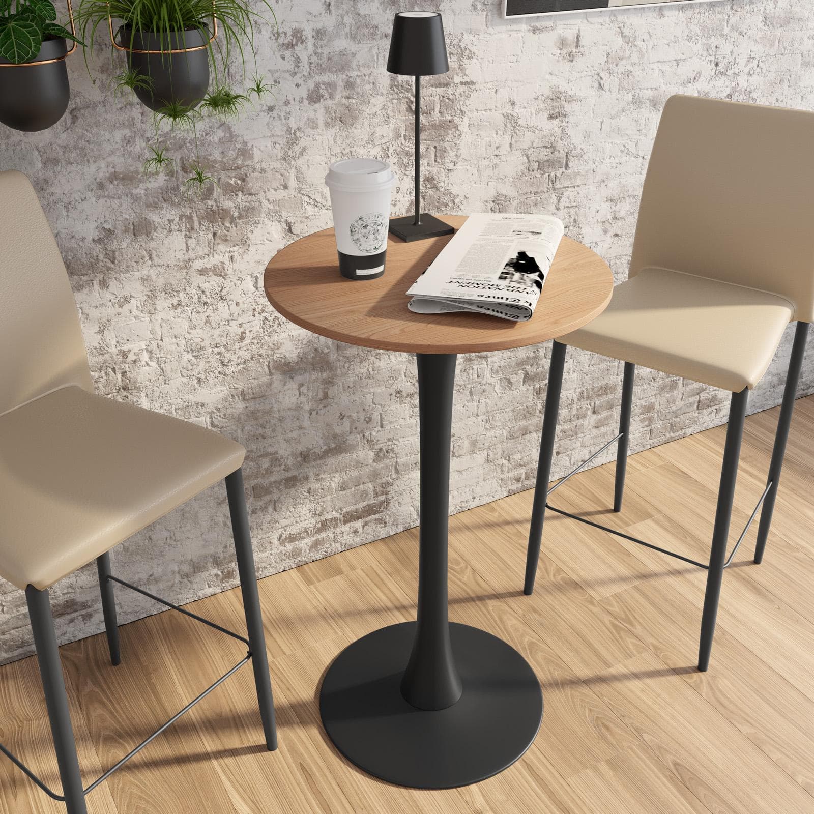 Tavolo alto rotondo 60 cm con top noce e struttura nera - Tulipano Plus