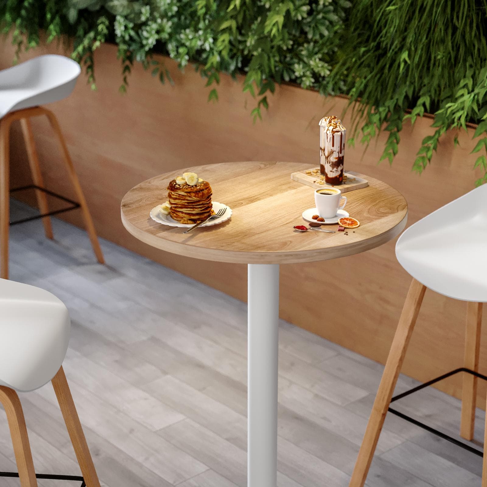 Tavolo alto rotondo 80 cm con piano rovere e struttura in metallo bianco - Caio