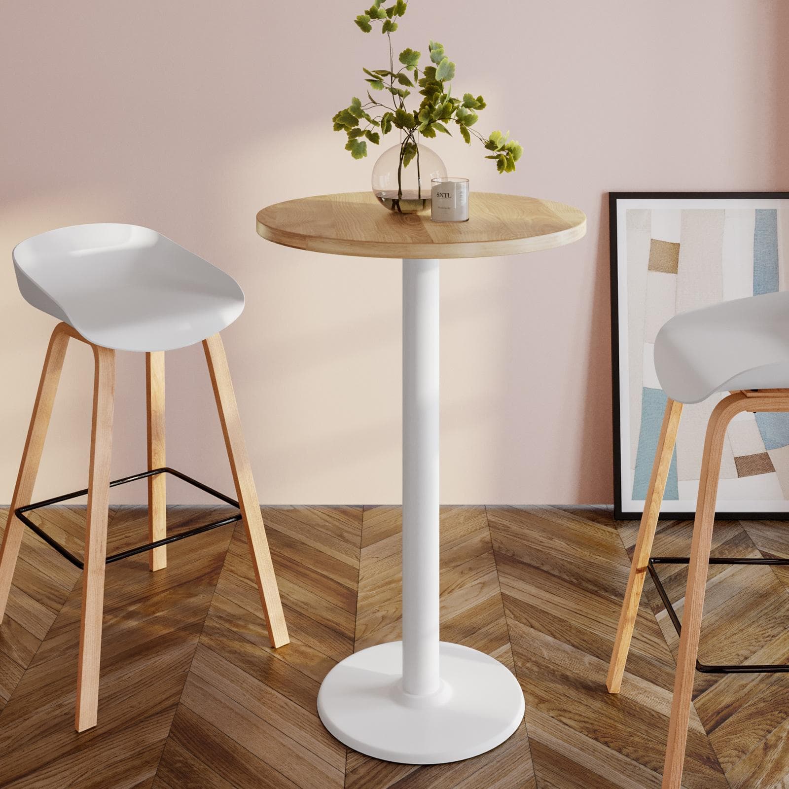 Tavolo alto rotondo 80 cm con piano rovere e struttura in metallo bianco - Caio