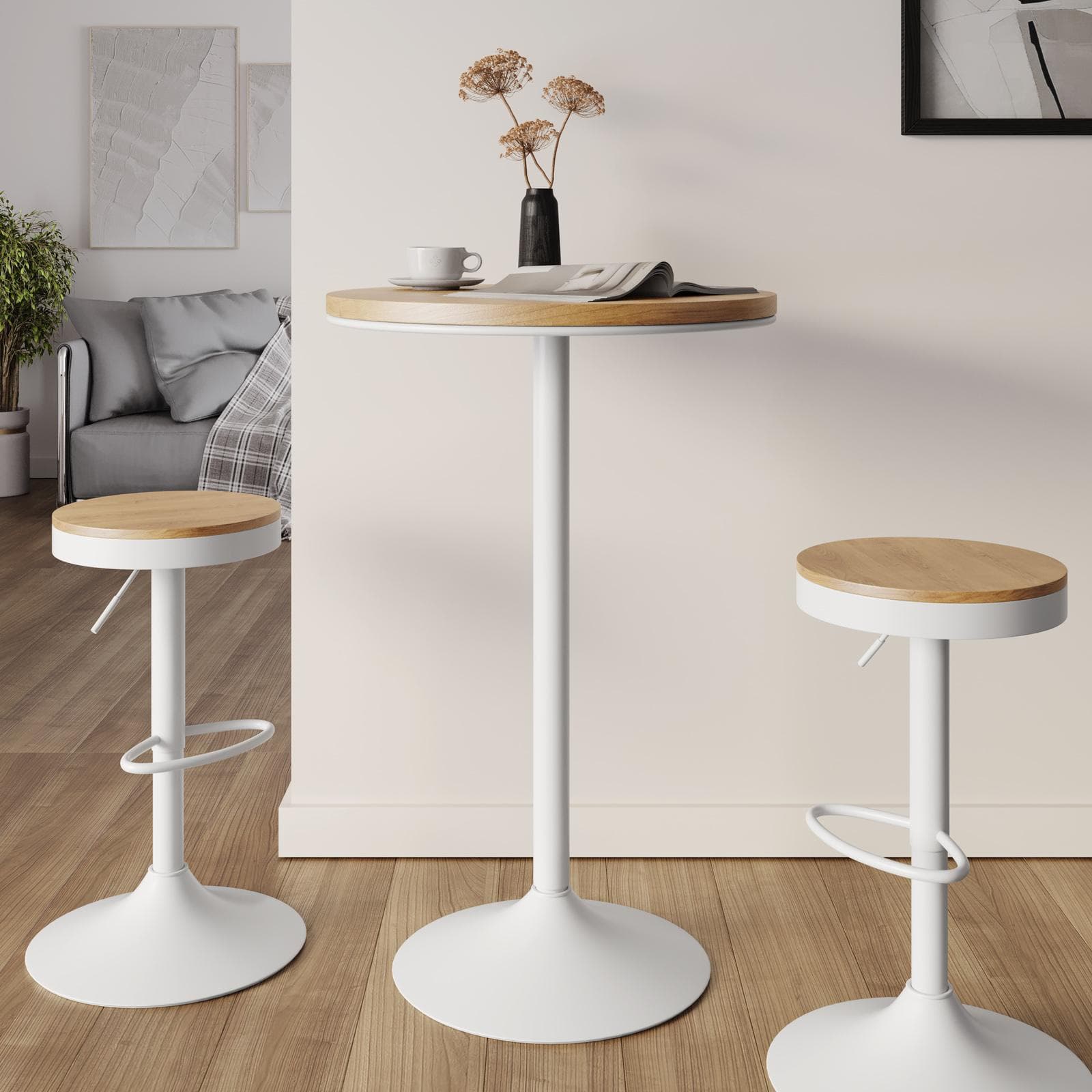 Tavolo alto rotondo 70 cm piano in rovere e metallo bianco - Dynamo