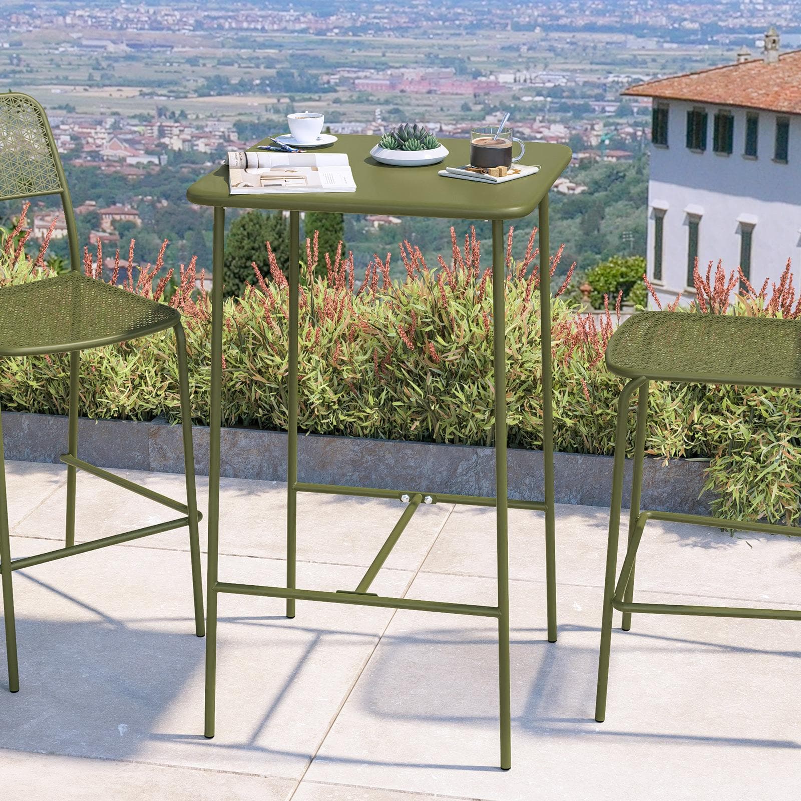 Tavolo alto da esterno 60x60 cm in acciaio verde oliva - Faber