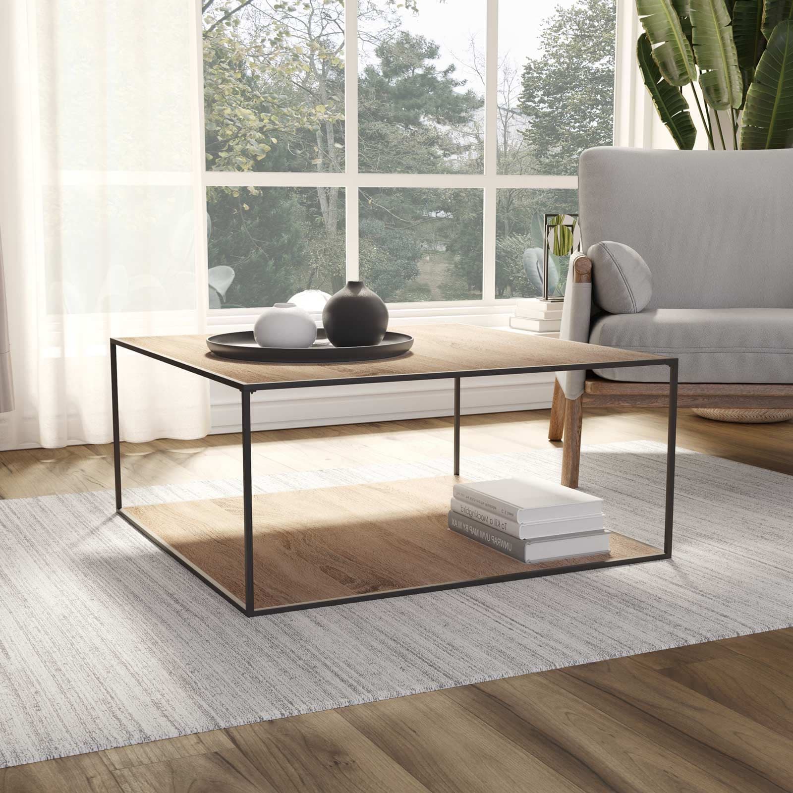 Tavolino 80x80 cm in metallo nero e legno rovere - Breeze