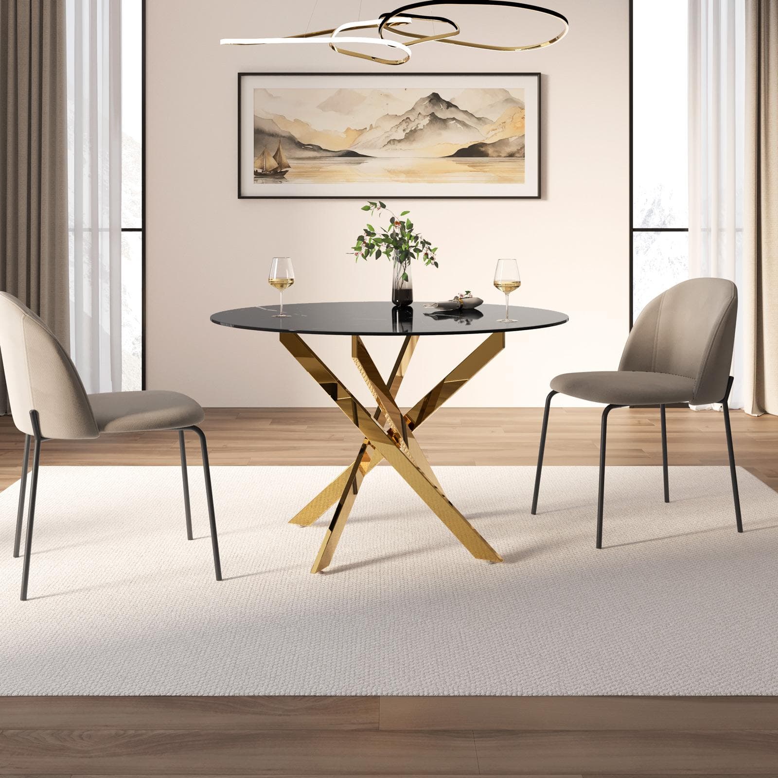 Tavolo da pranzo rotondo cm piano in vetro effetto marmo nero 10 mm e gambe incrociate oro - Noel