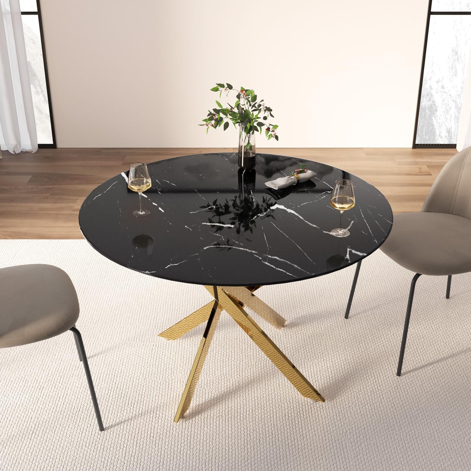 Tavolo da pranzo rotondo cm piano in vetro effetto marmo nero 10 mm e gambe incrociate oro - Noel