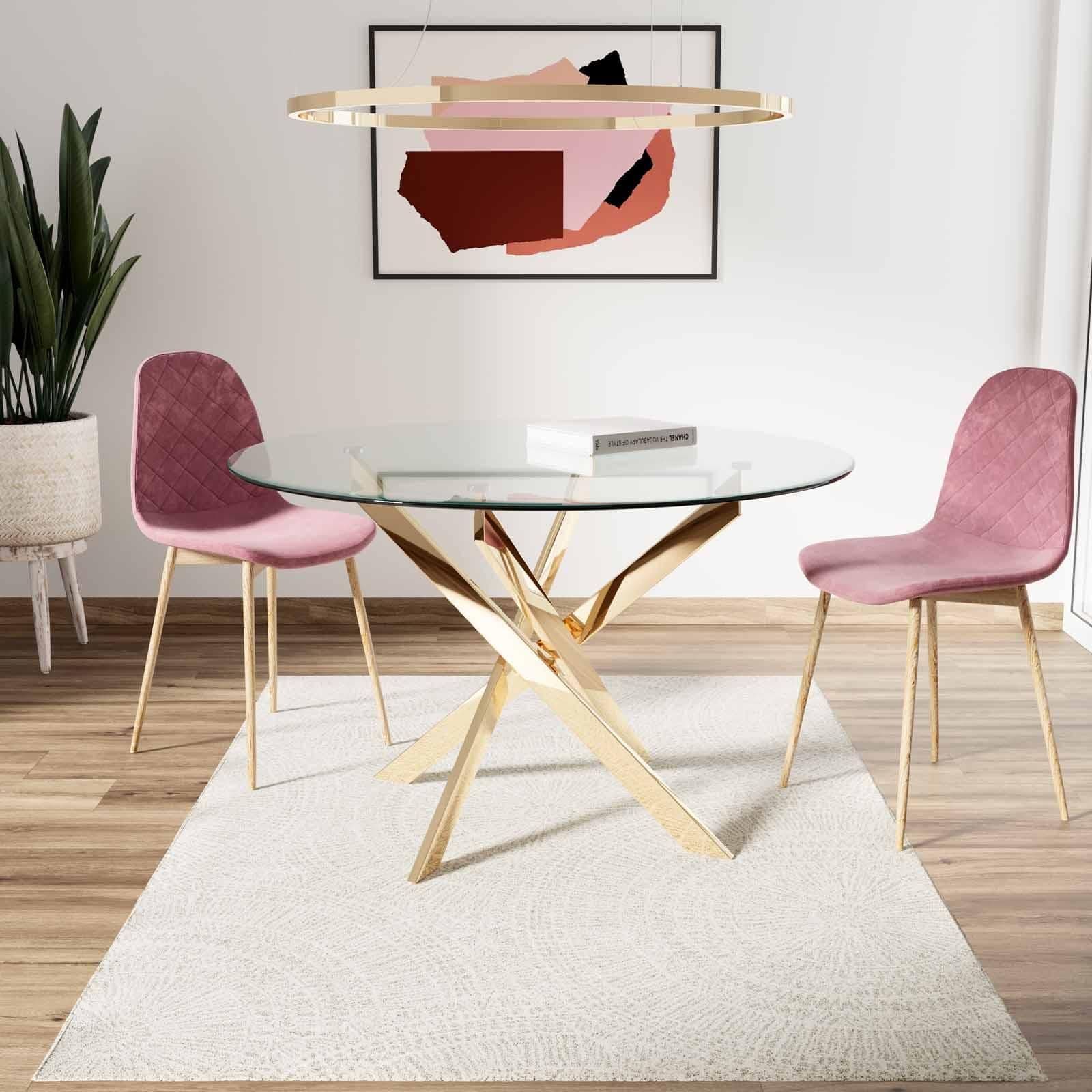 Tavolo da pranzo rotondo 100 cm piano in vetro trasparente 10 mm e gambe incrociate oro - Noel