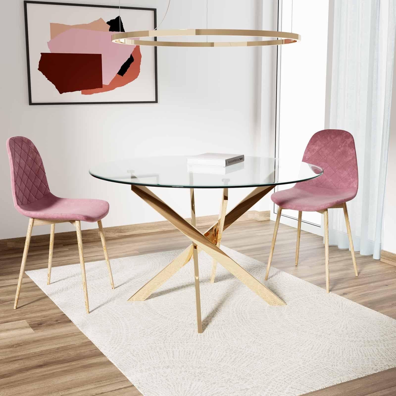 Tavolo da pranzo rotondo 100 cm piano in vetro trasparente 10 mm e gambe incrociate oro - Noel