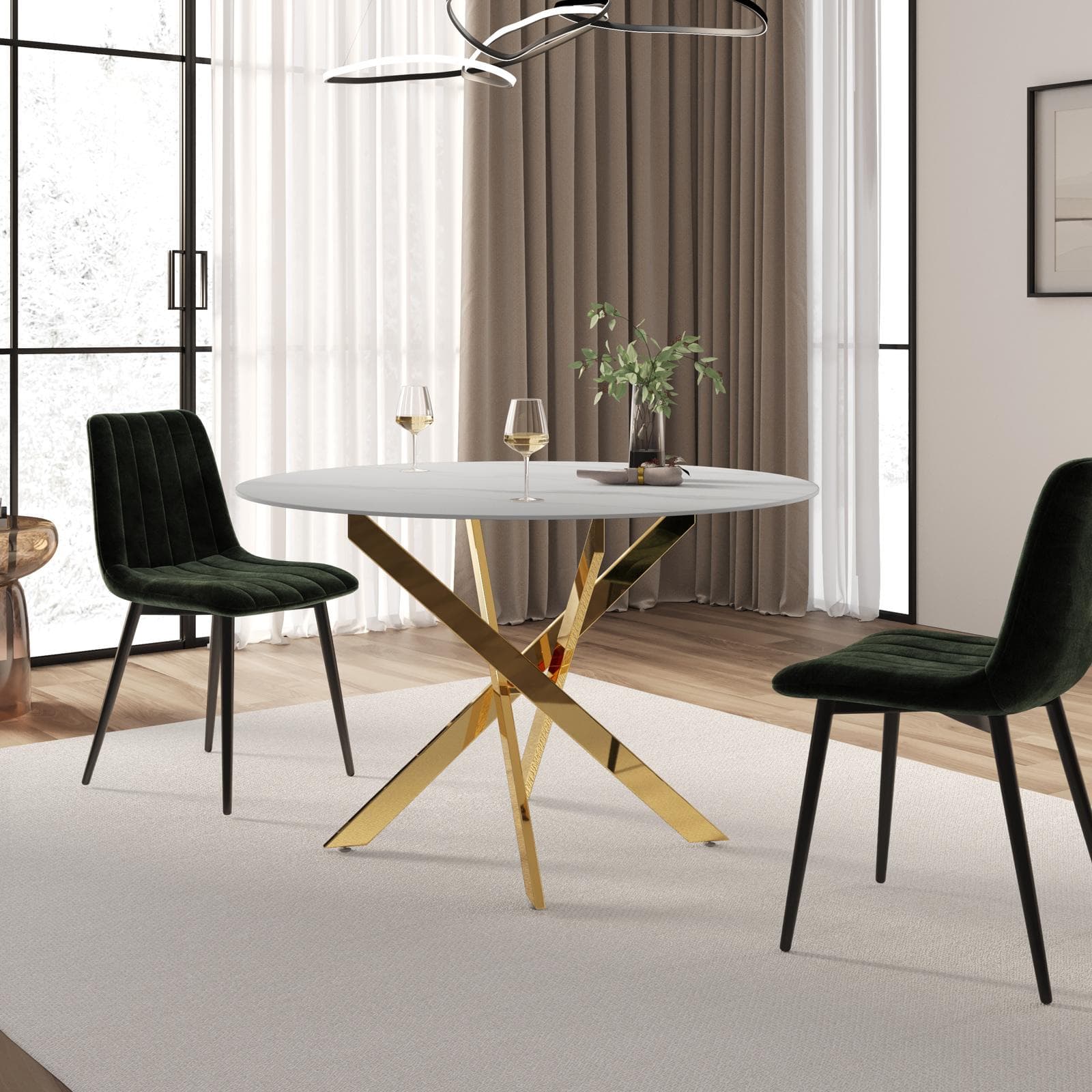 Tavolo da pranzo rotondo 120 cm piano in ceramica bianco 12 mm e gambe incrociate oro - Noel