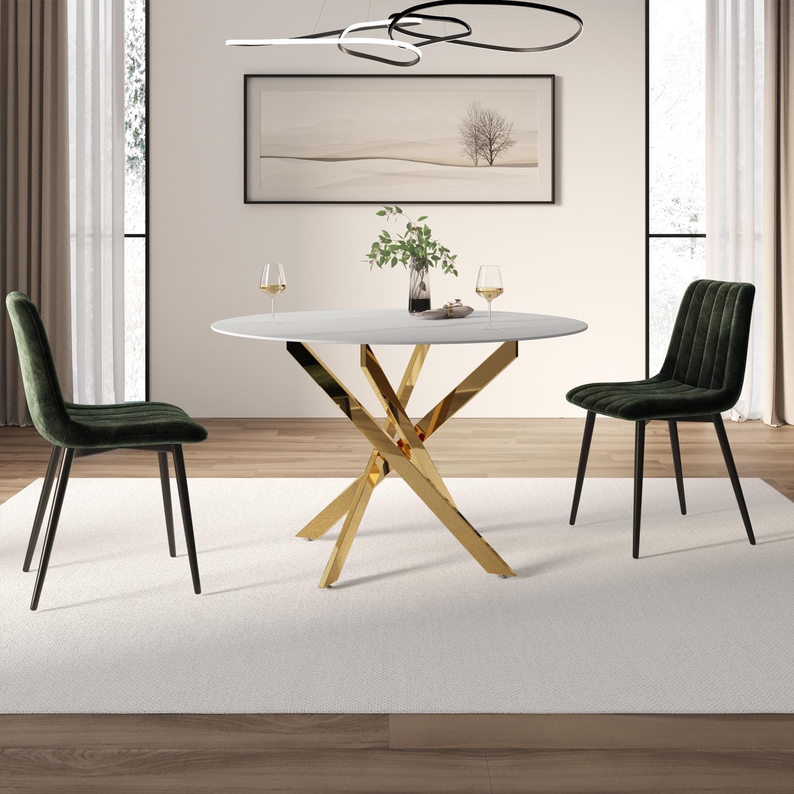 Tavolo da pranzo rotondo 120 cm piano in ceramica bianco 12 mm e gambe incrociate oro - Noel