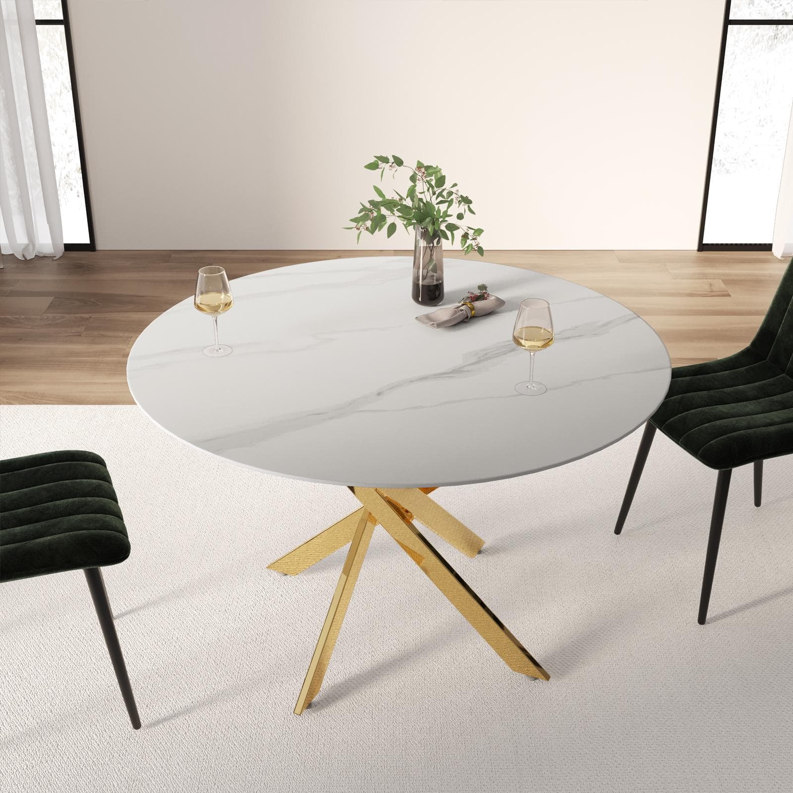 Tavolo da pranzo rotondo 120 cm piano in ceramica bianco 12 mm e gambe incrociate oro - Noel